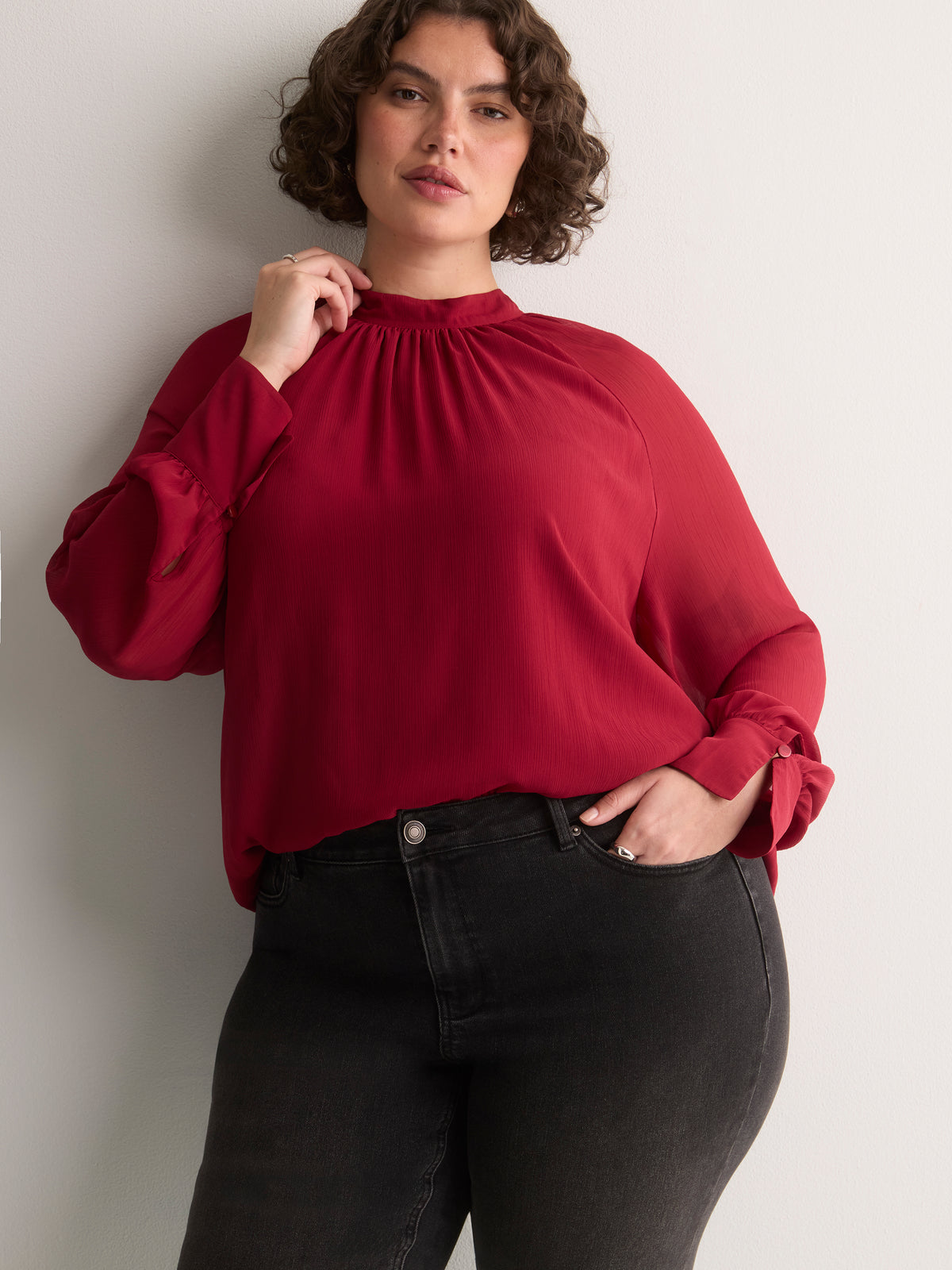 Chiffon Shirred Mock-Neck A-Line Blouse