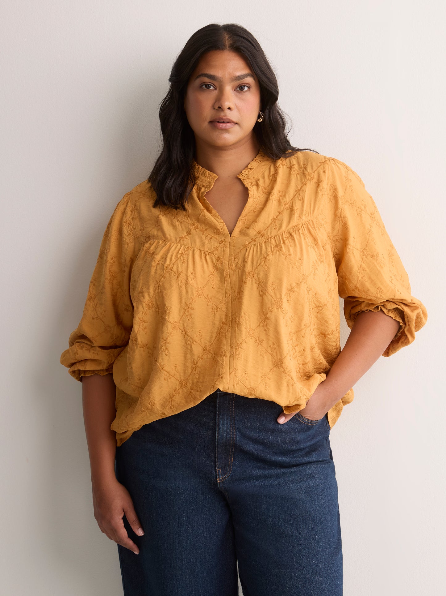 Yellow Embroidered A-Line Blouse with Split Ruffled Collar