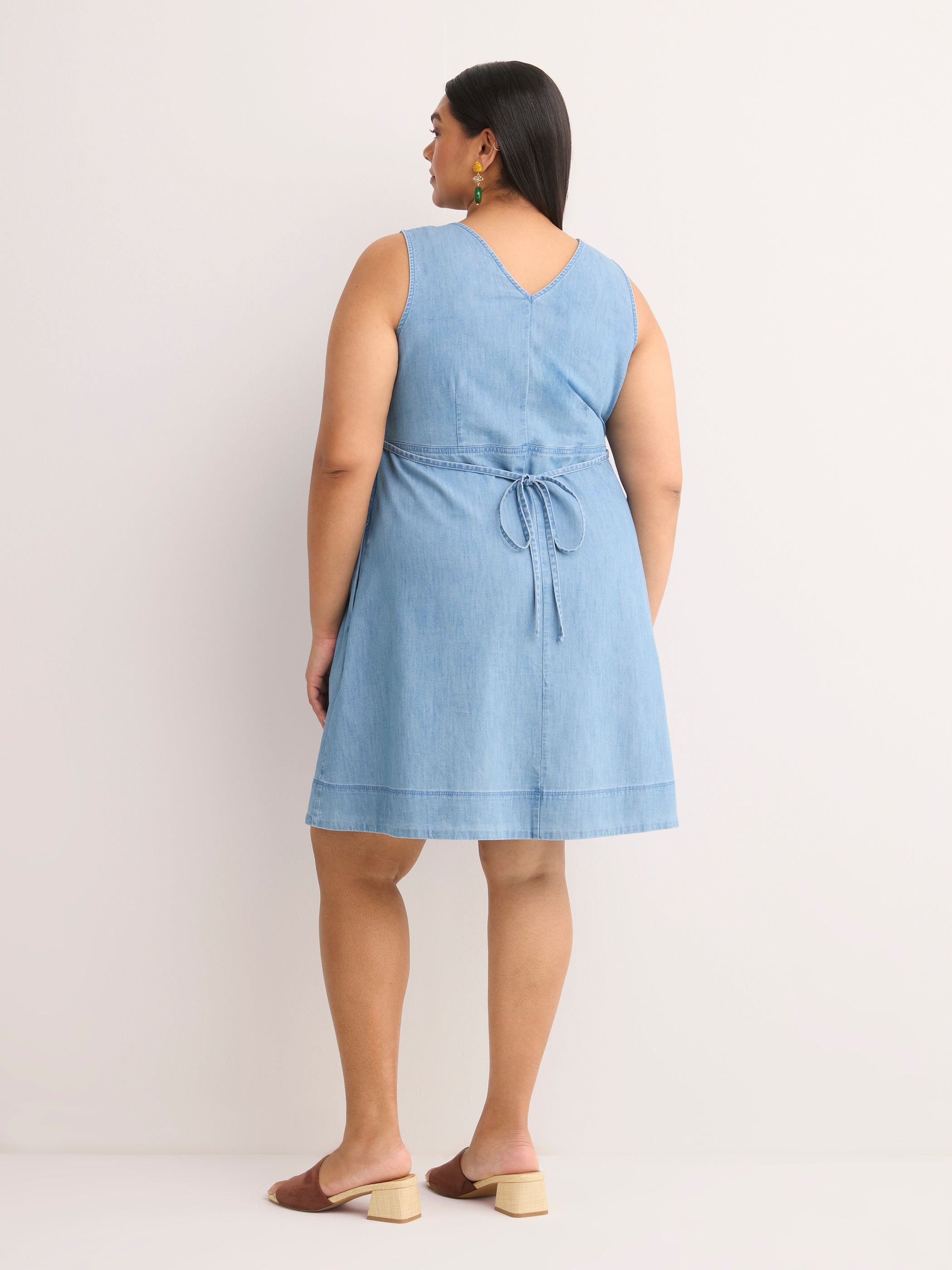 Denim Sleeveless V-Neck Swing Dress with Crochet Tape