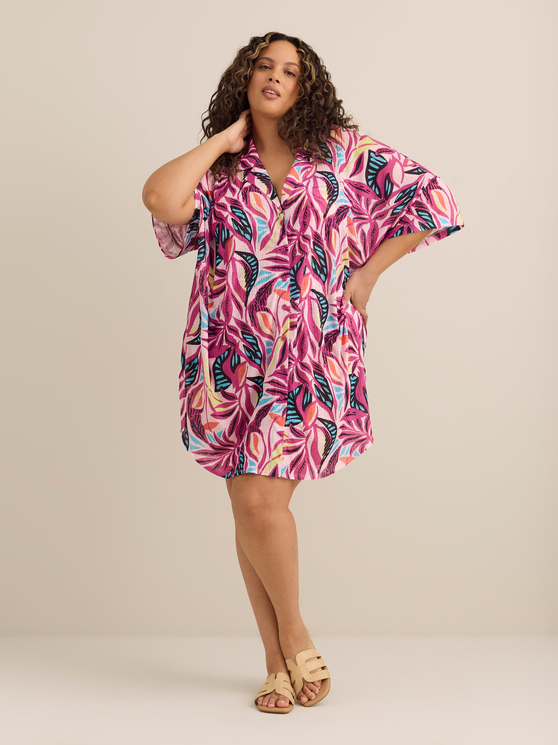 Short Printed Cover-Up Shirtdress