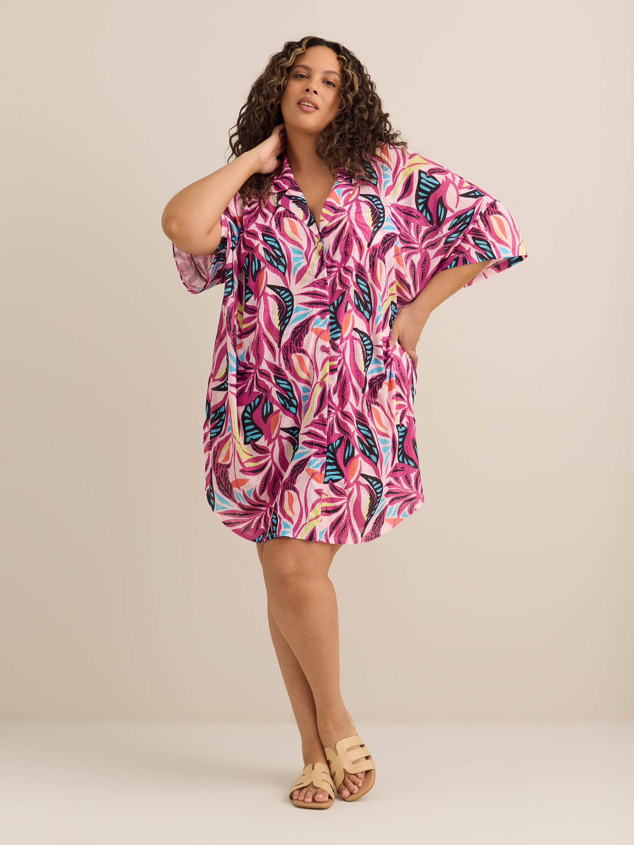 Short Printed Cover-Up Shirtdress
