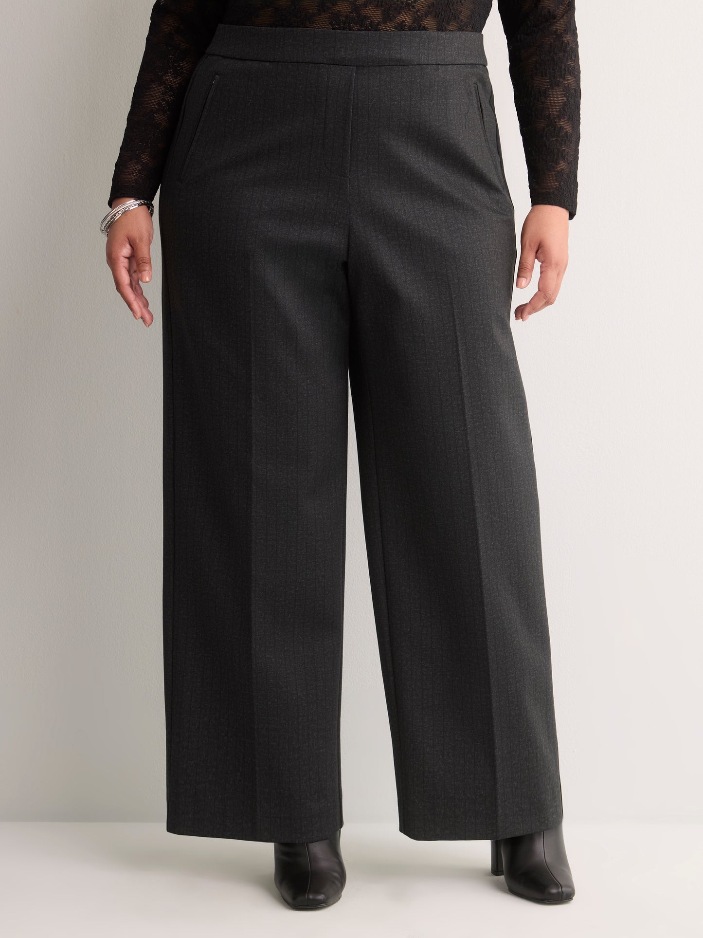 Charcoal Pinstripe Pull-On Wide-Leg Pant, Essential Pant