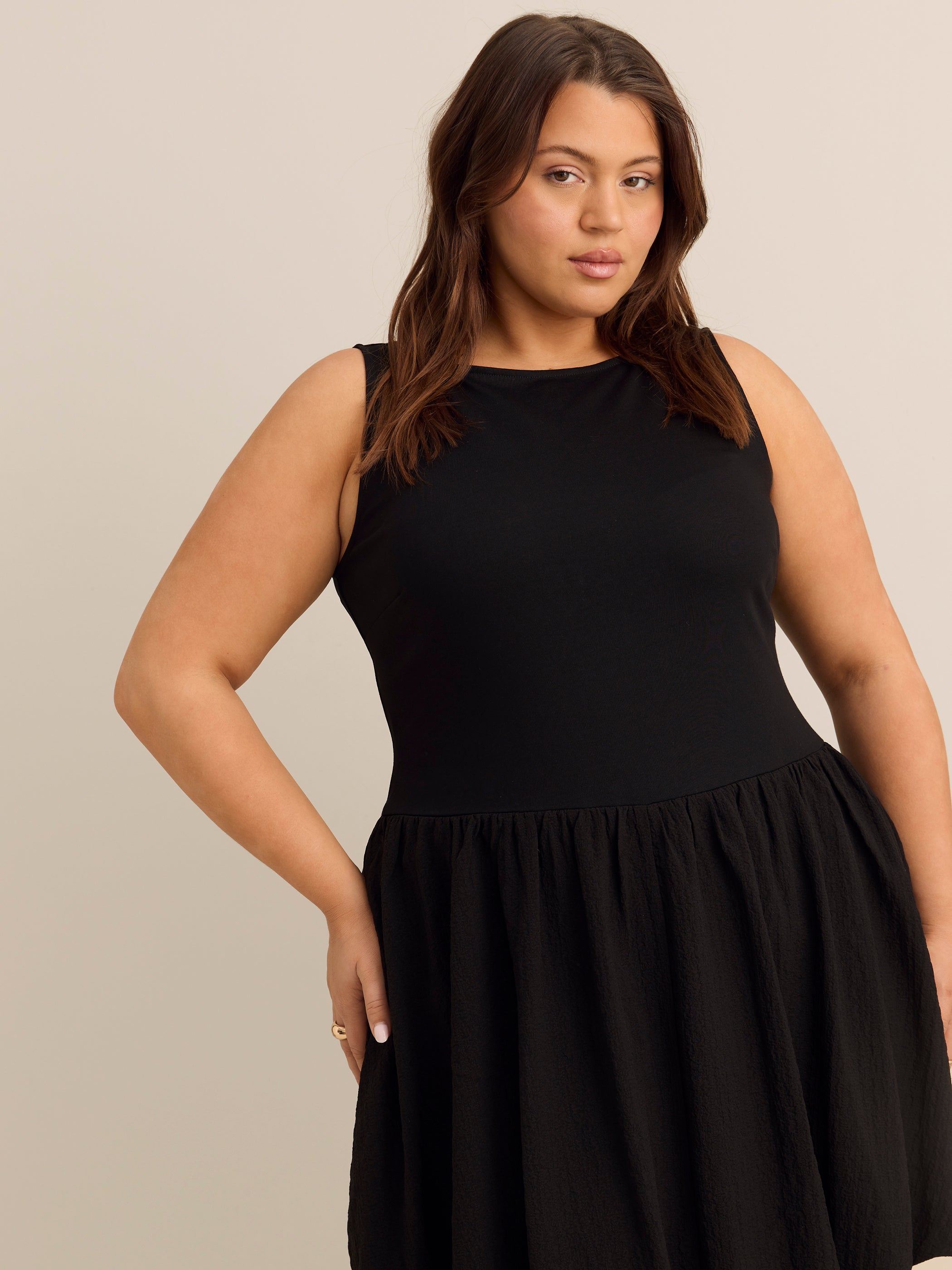 Boat Neck Mixed Media Dress with Bubble Skirt - Addition Elle