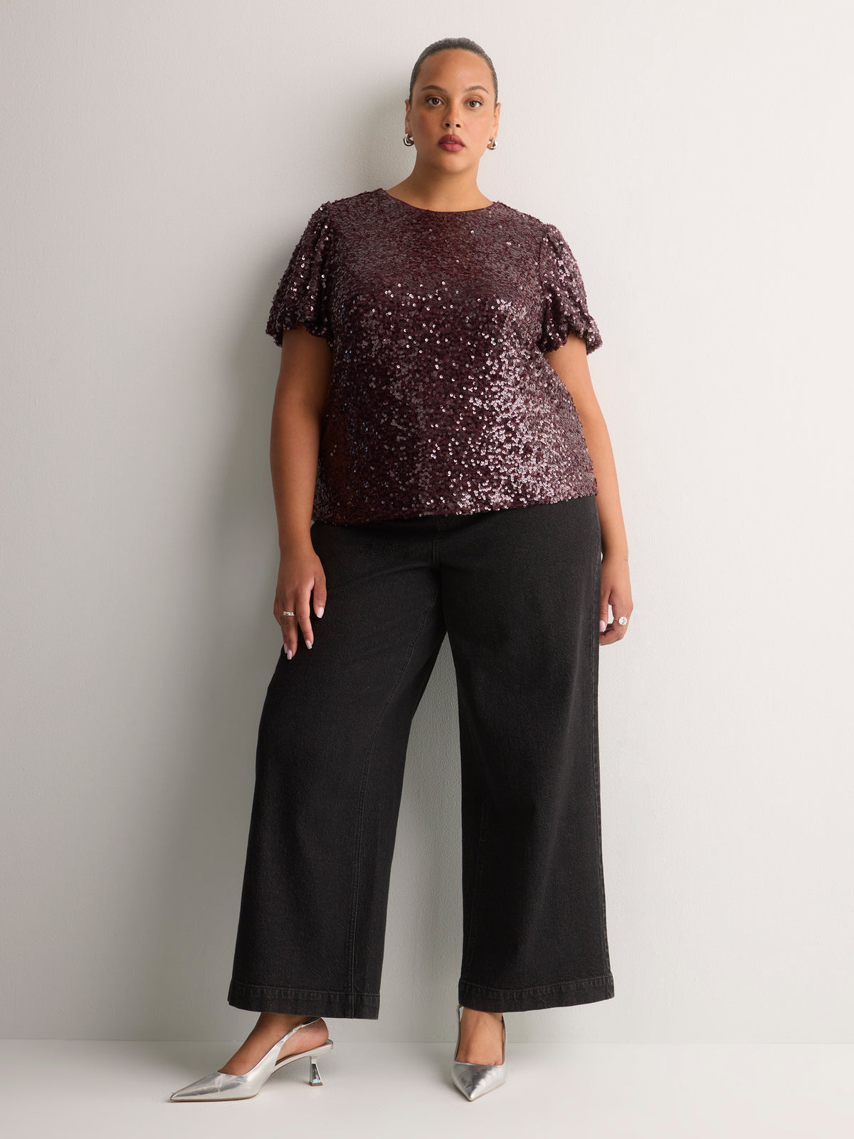 Straight Bubble-Sleeve Sequin Top