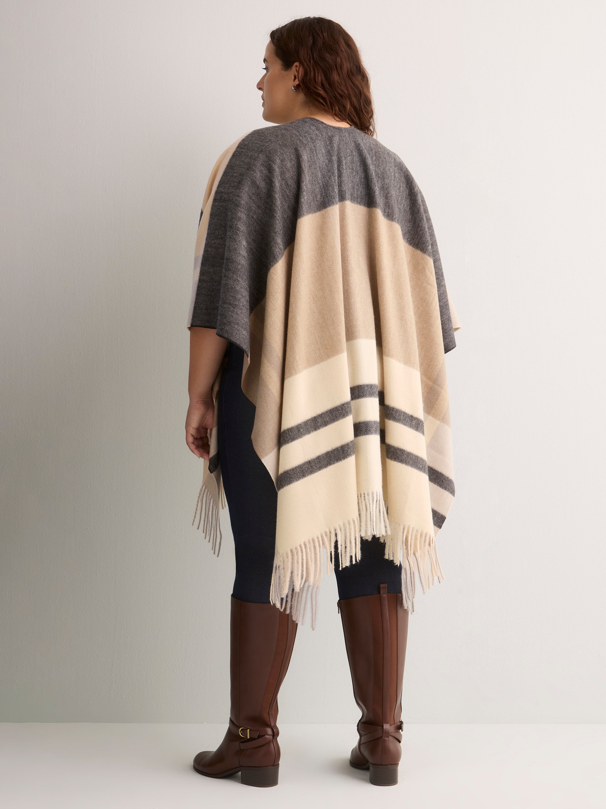 Colourblock Woven Cape with Fringes