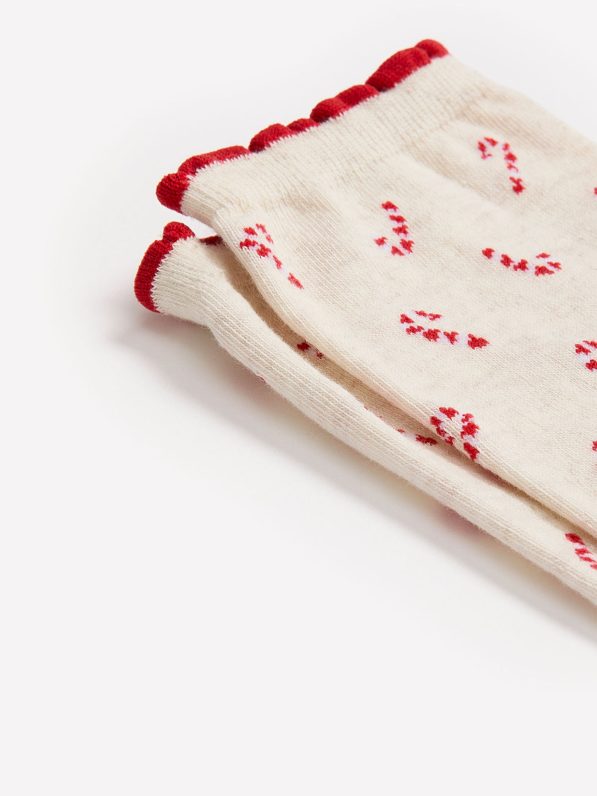 Beige Scalloped-Edge Cotton Knit Crew Socks with Candy Cane Print