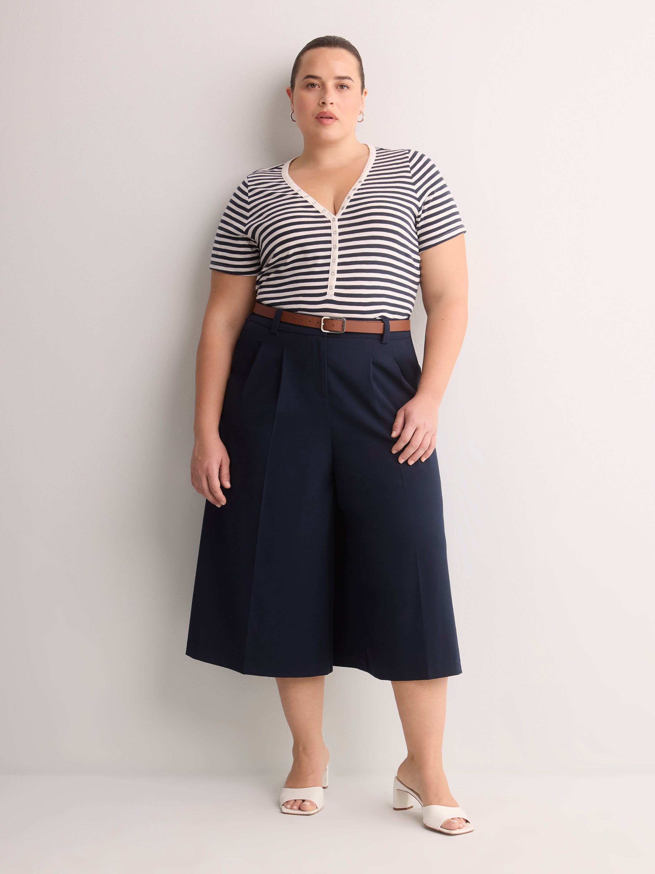 Short-Sleeve V-Neck Henley Shirt with Stripes