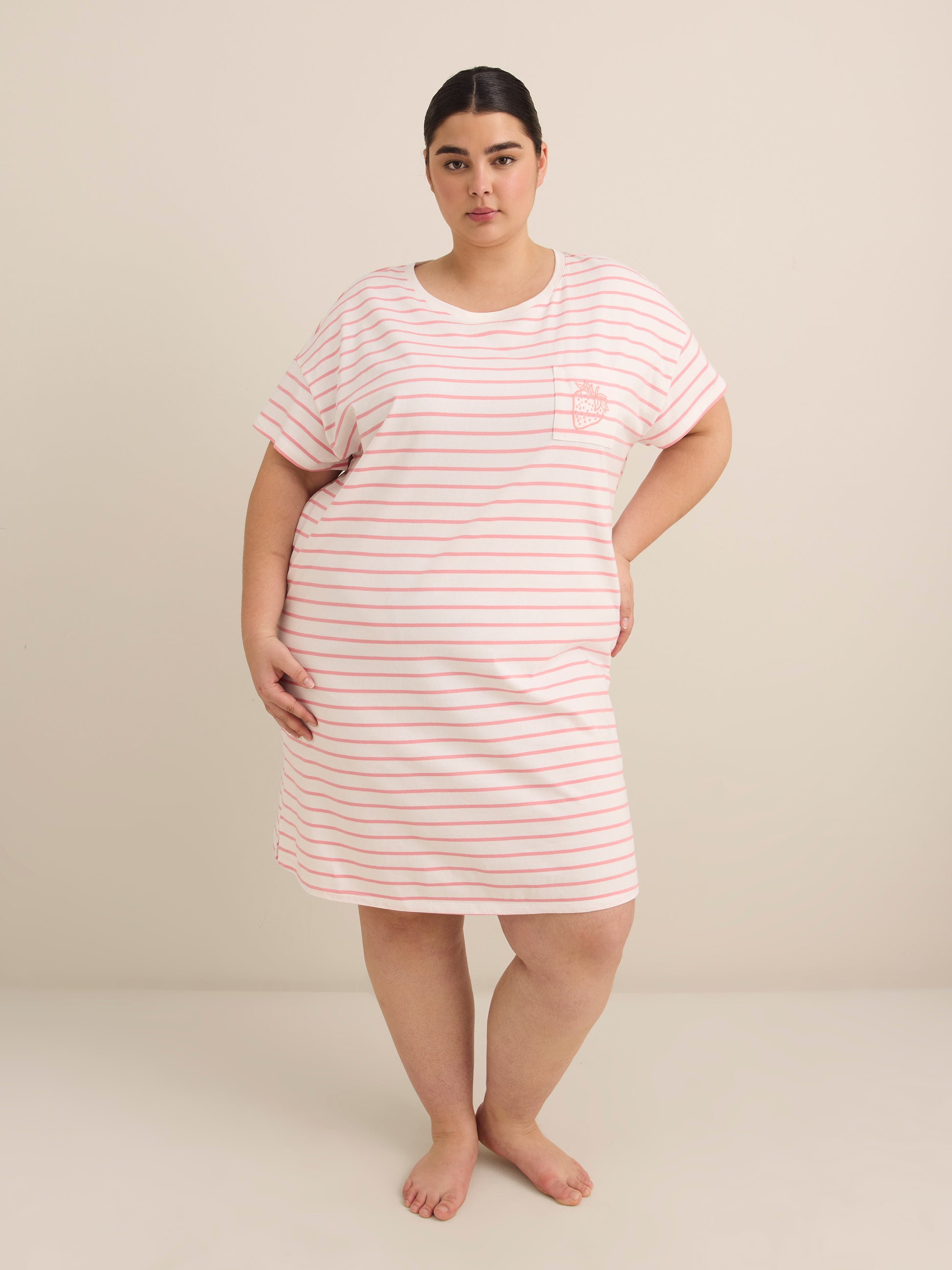 Striped Short-Sleeve Sleepshirt with Embroidered Strawberry - ti Voglio