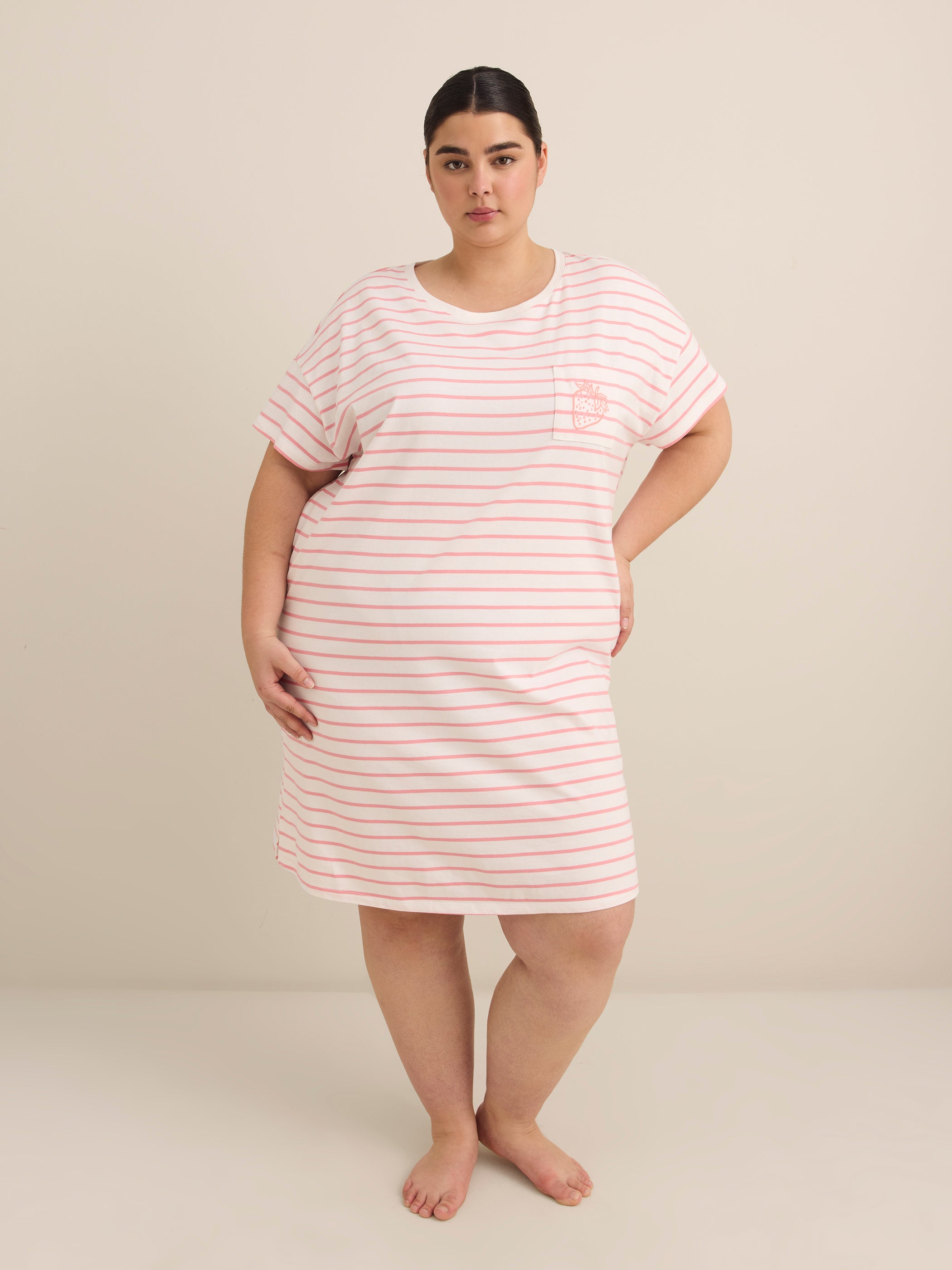 Striped Short-Sleeve Sleepshirt with Embroidered Strawberry - ti Voglio