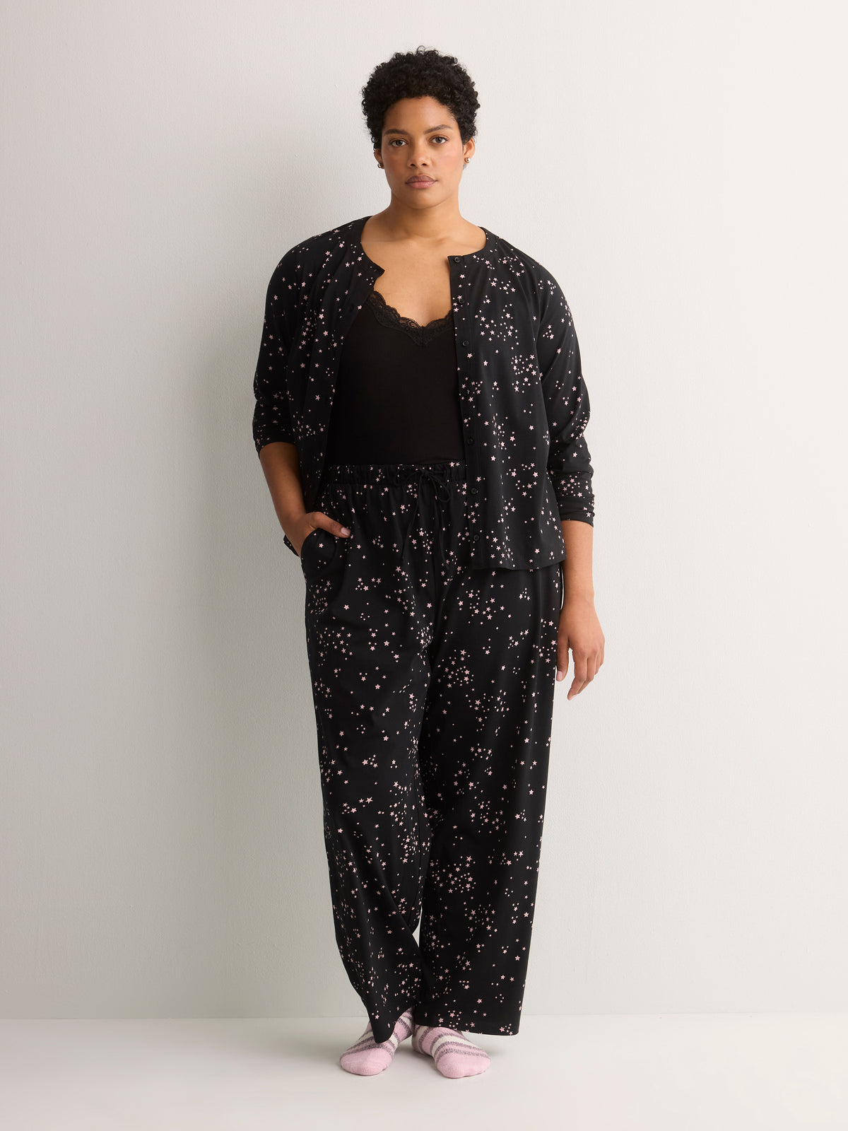 Black Star-Print Cotton Knit Wide-Leg Pyjama Pant - tiVOGLIO