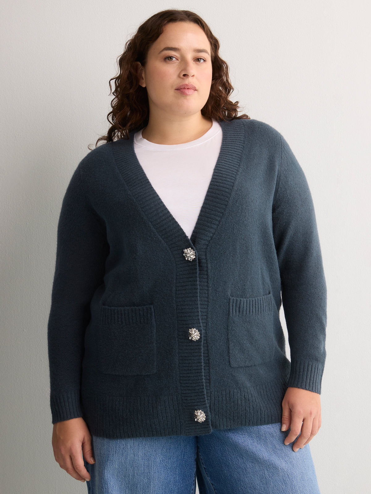 Indigo Straight Tunic Cardigan with Embellished Buttons