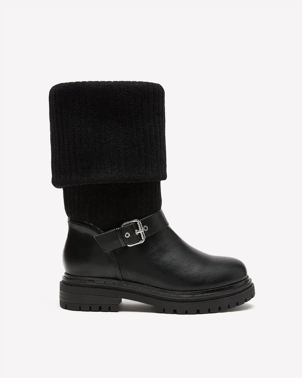 Extra Wide Width, Black Mid-Calf Chunky Boot with Knit Upper