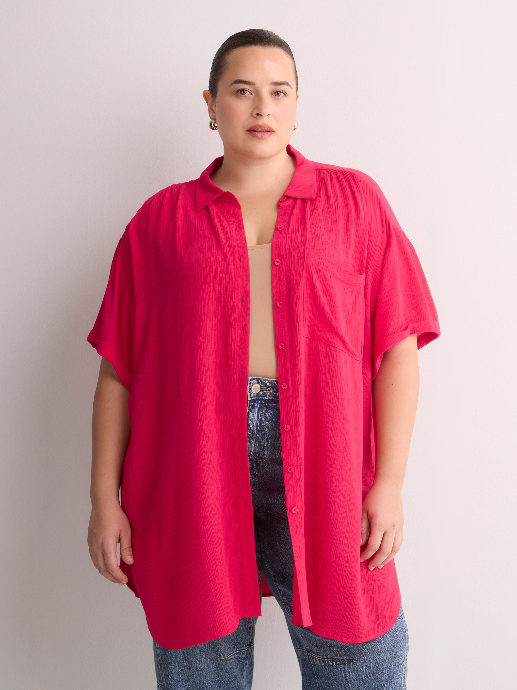 Loose-Fit Short-Sleeve Crinkle Buttoned-Down Tunic