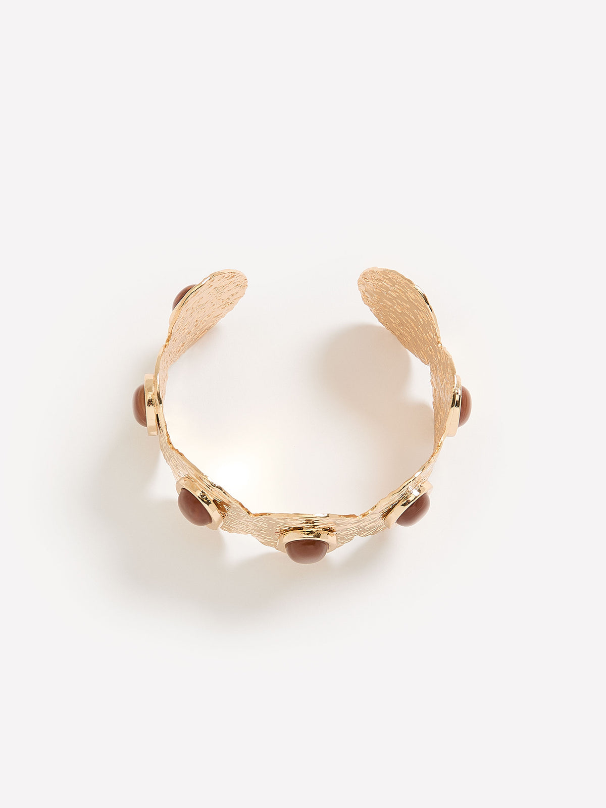 Golden Hammered Disc Cuff Bracelet with Brown Stones