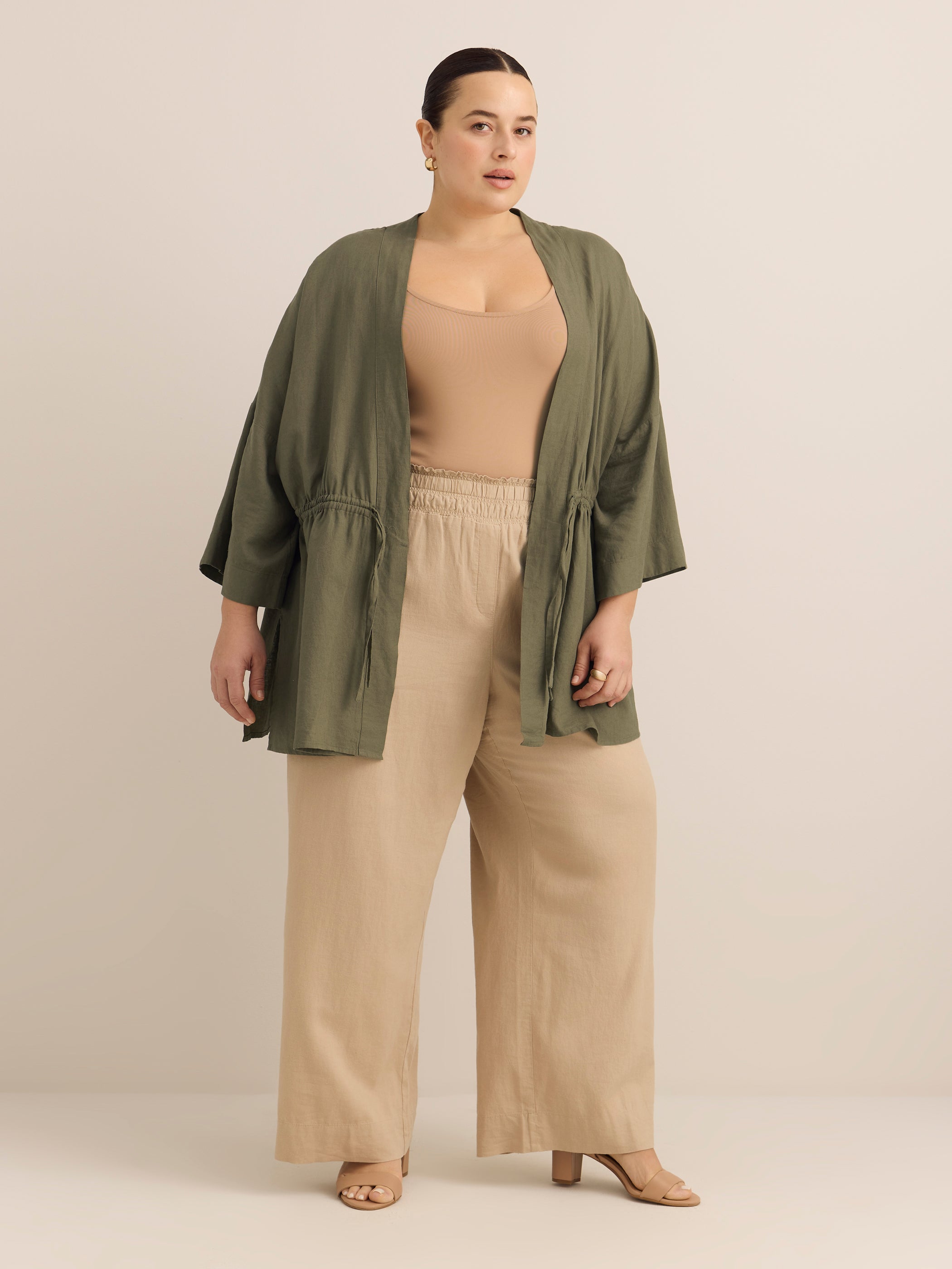 Linen-Blend Loose Kimono Tunic with Waist Drawstring