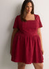 Red Square-Neck Smocked-Back Short Dress