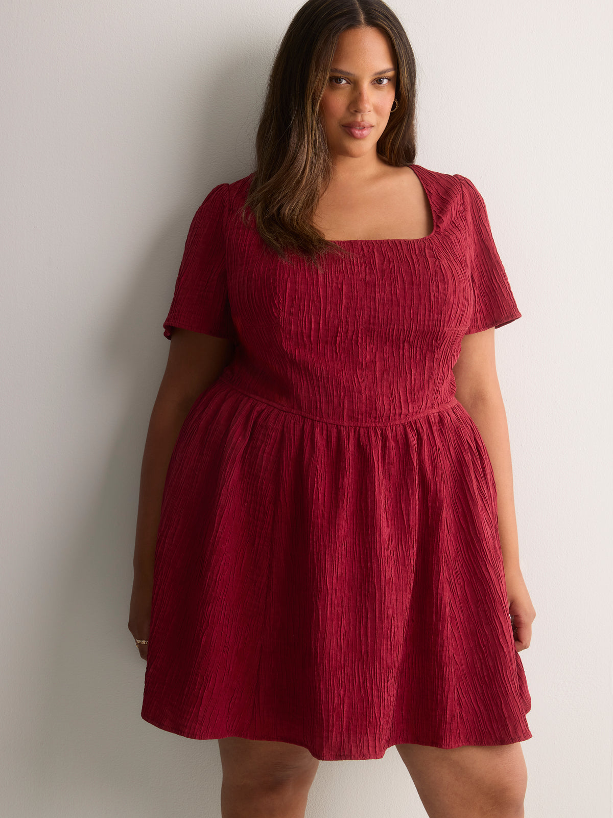 Red Square-Neck Smocked-Back Short Dress
