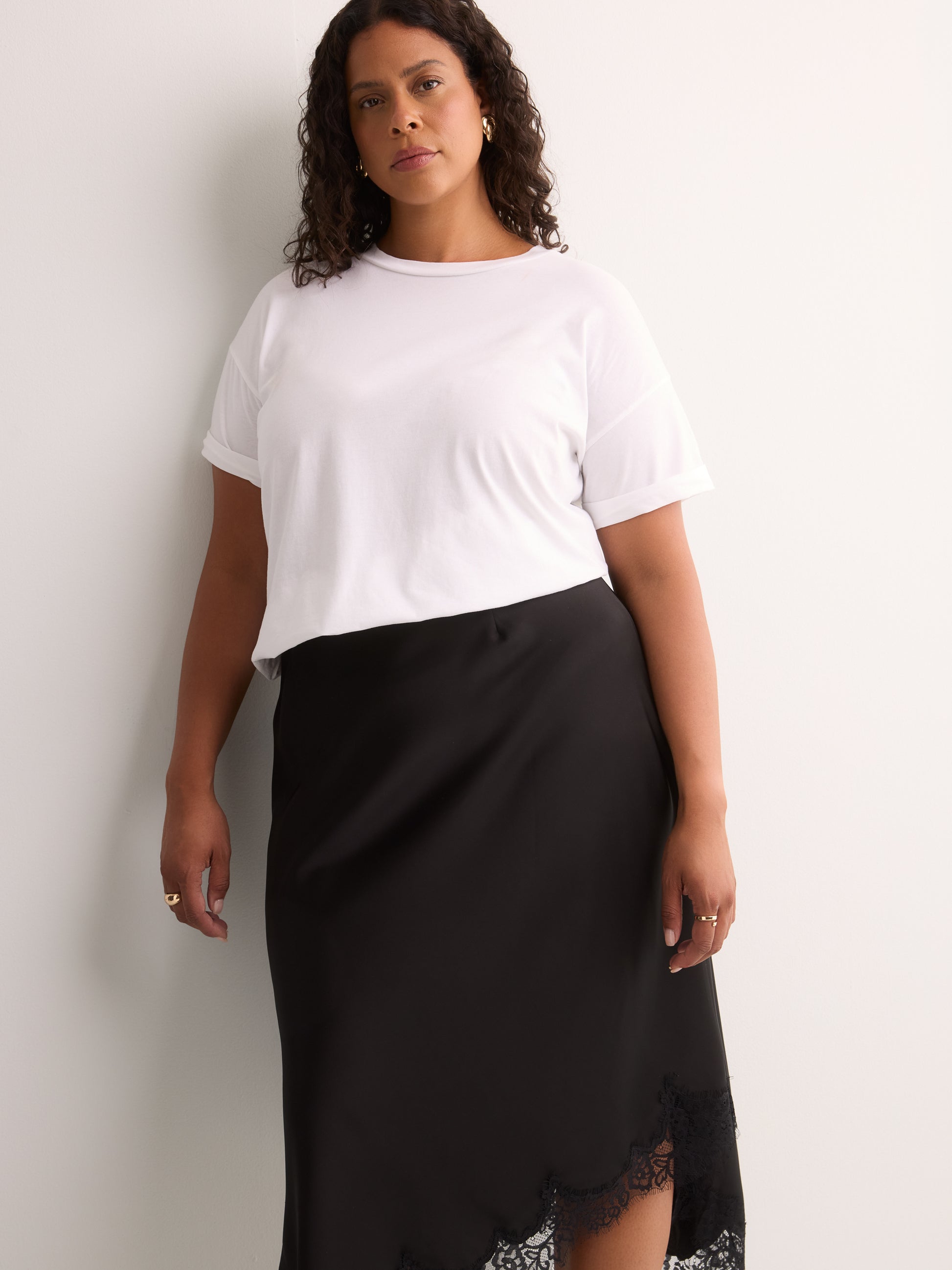 Black Satin Midi Skirt with Lace Hem