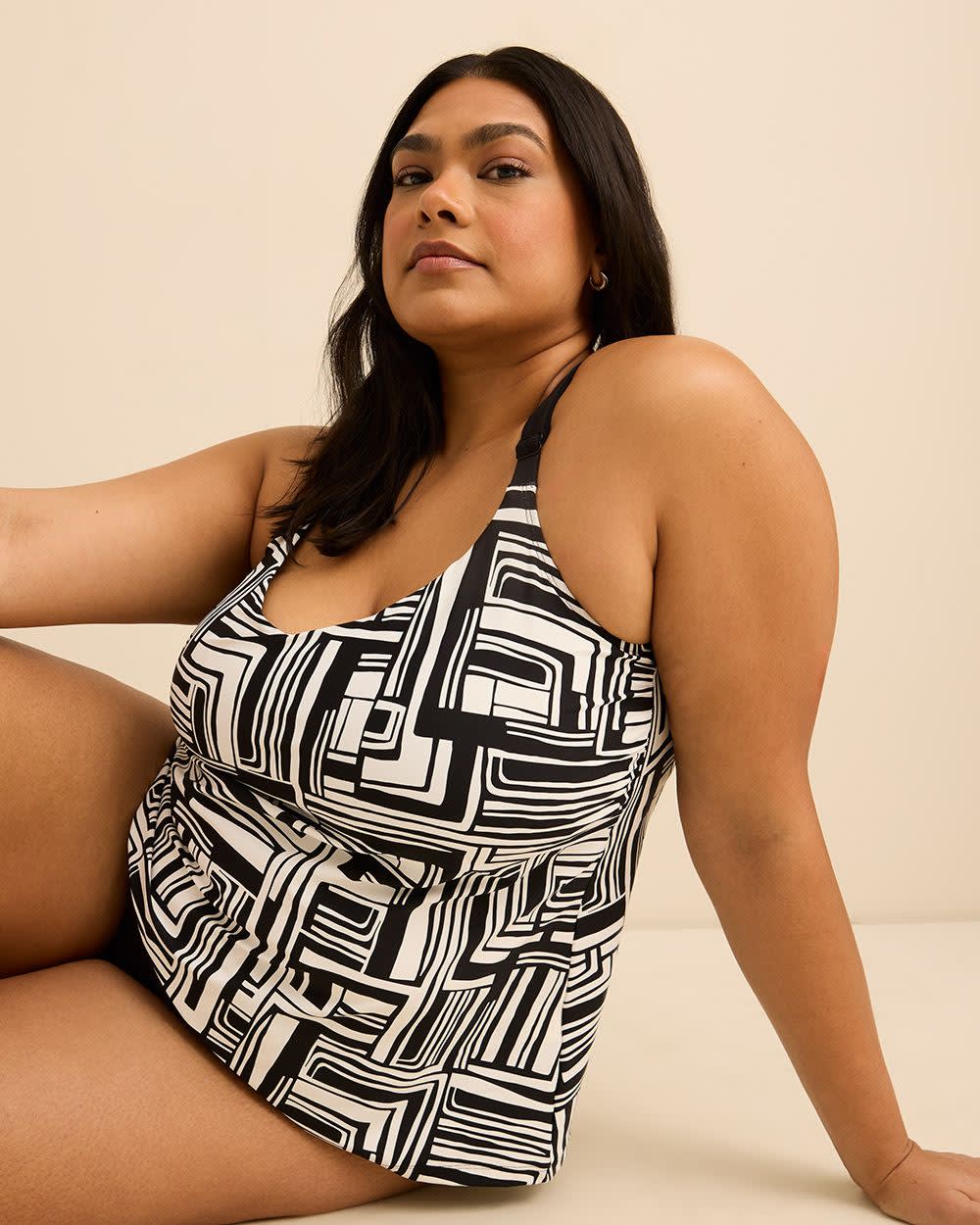 V-Neck Tankini Top with Black Ring Detail