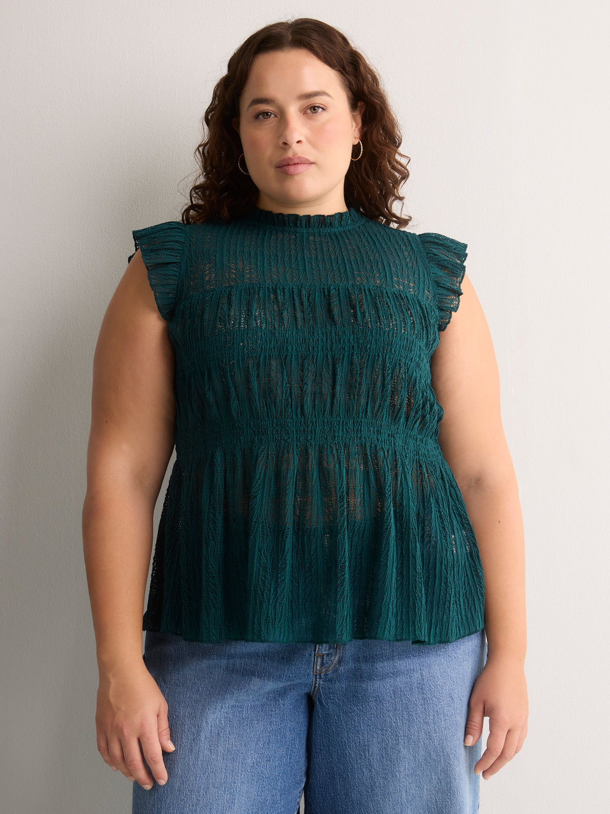 Smocked Lace Swing Top with Short Flutter Sleeves