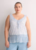 White Floral Ruffled Mesh Sleeveless Swing Blouse