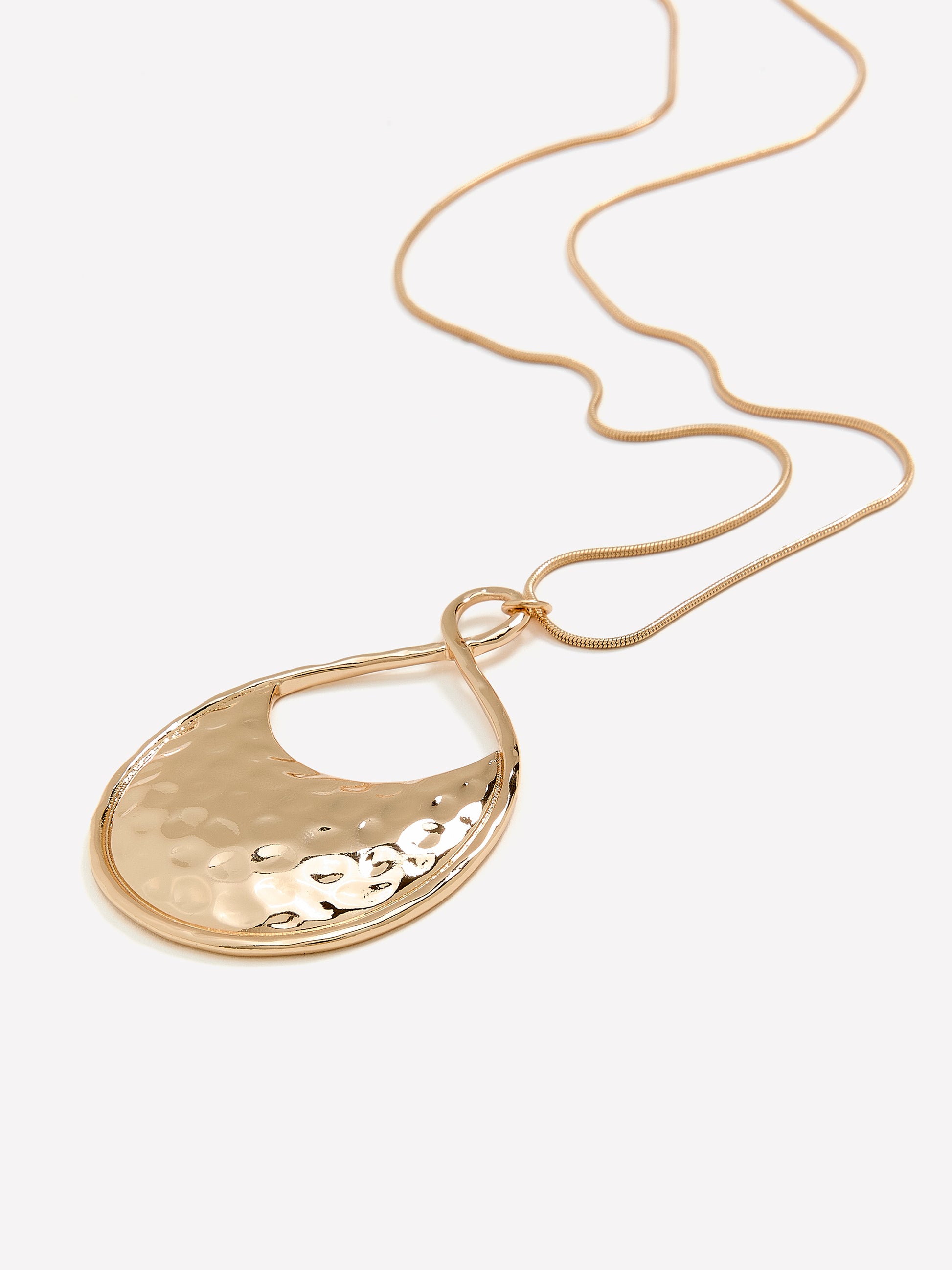 Long Golden Necklace with Hammered Pendant