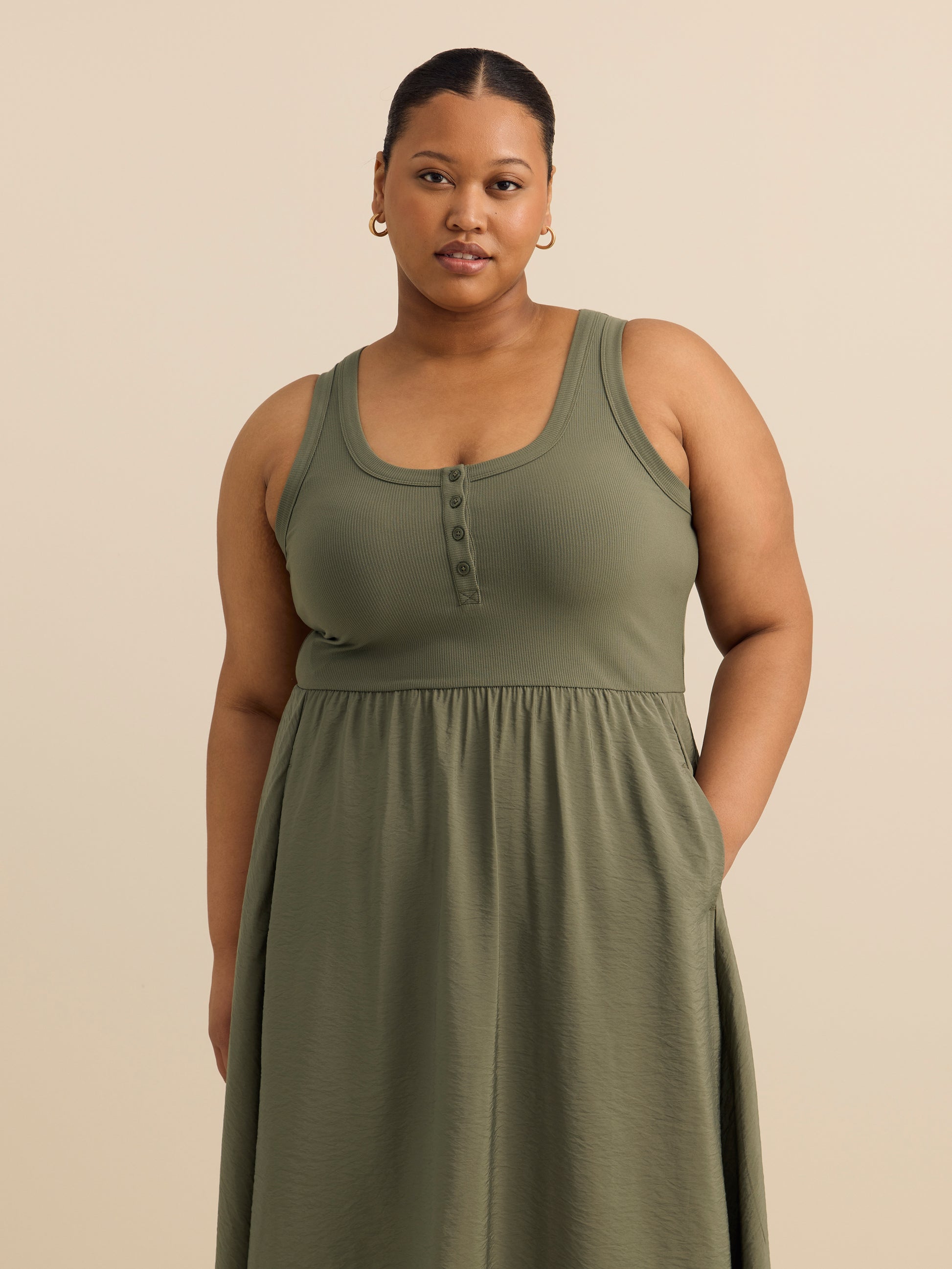 Responsible, Sleeveless Henley Flared Maxi Dress