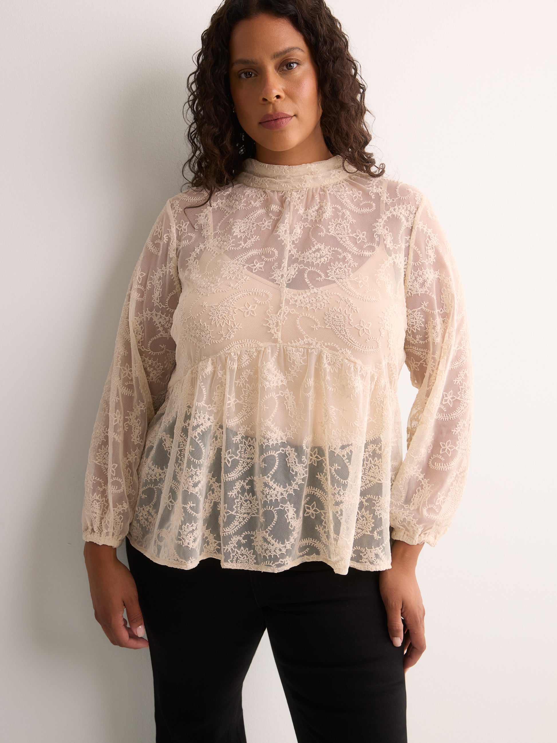 Mock-Neck Long-Sleeve Embroidered Blouse