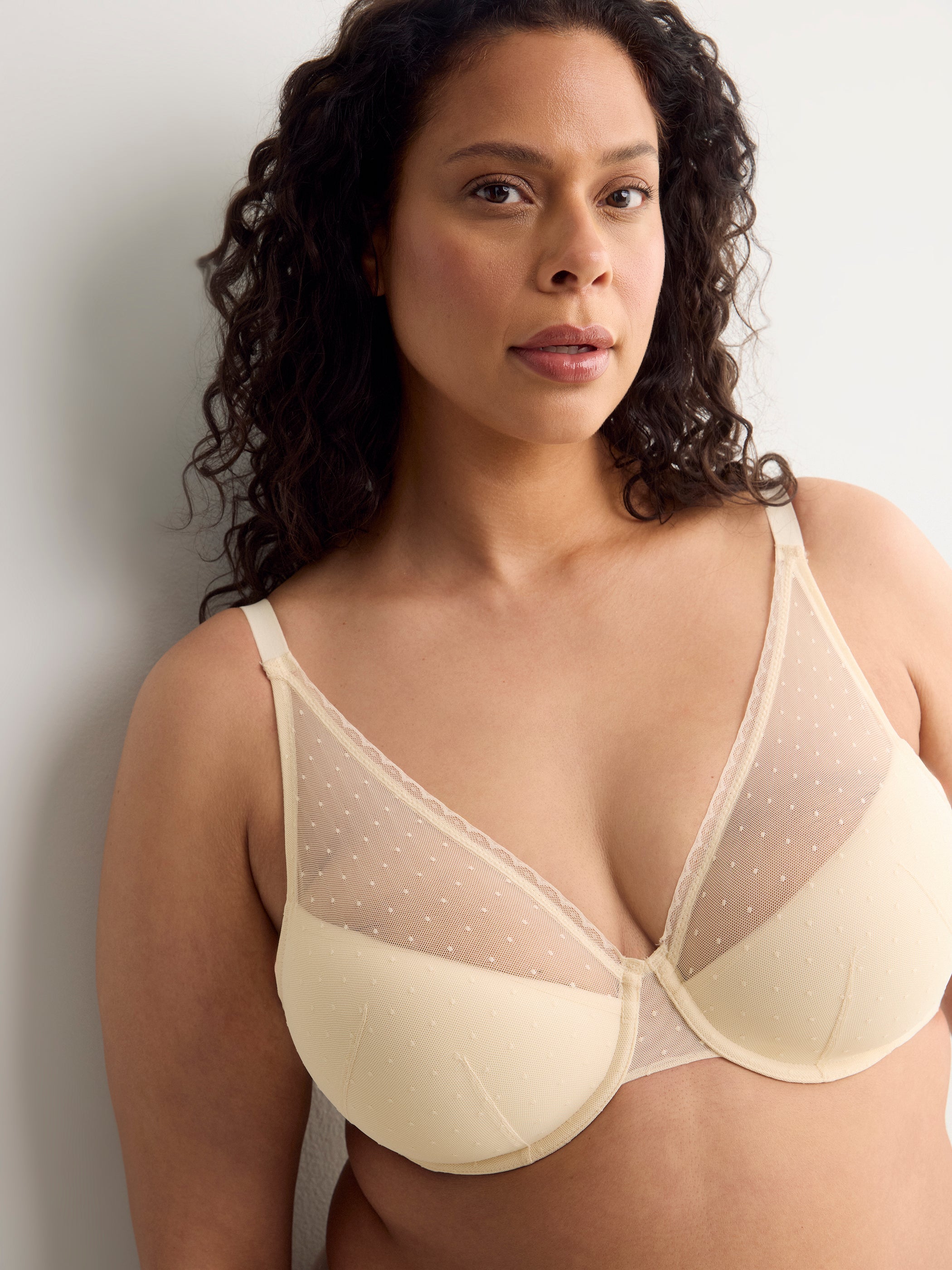 Grey Underwire Clip Dot Mesh Balconette Bra with Lace - Déesse Collection