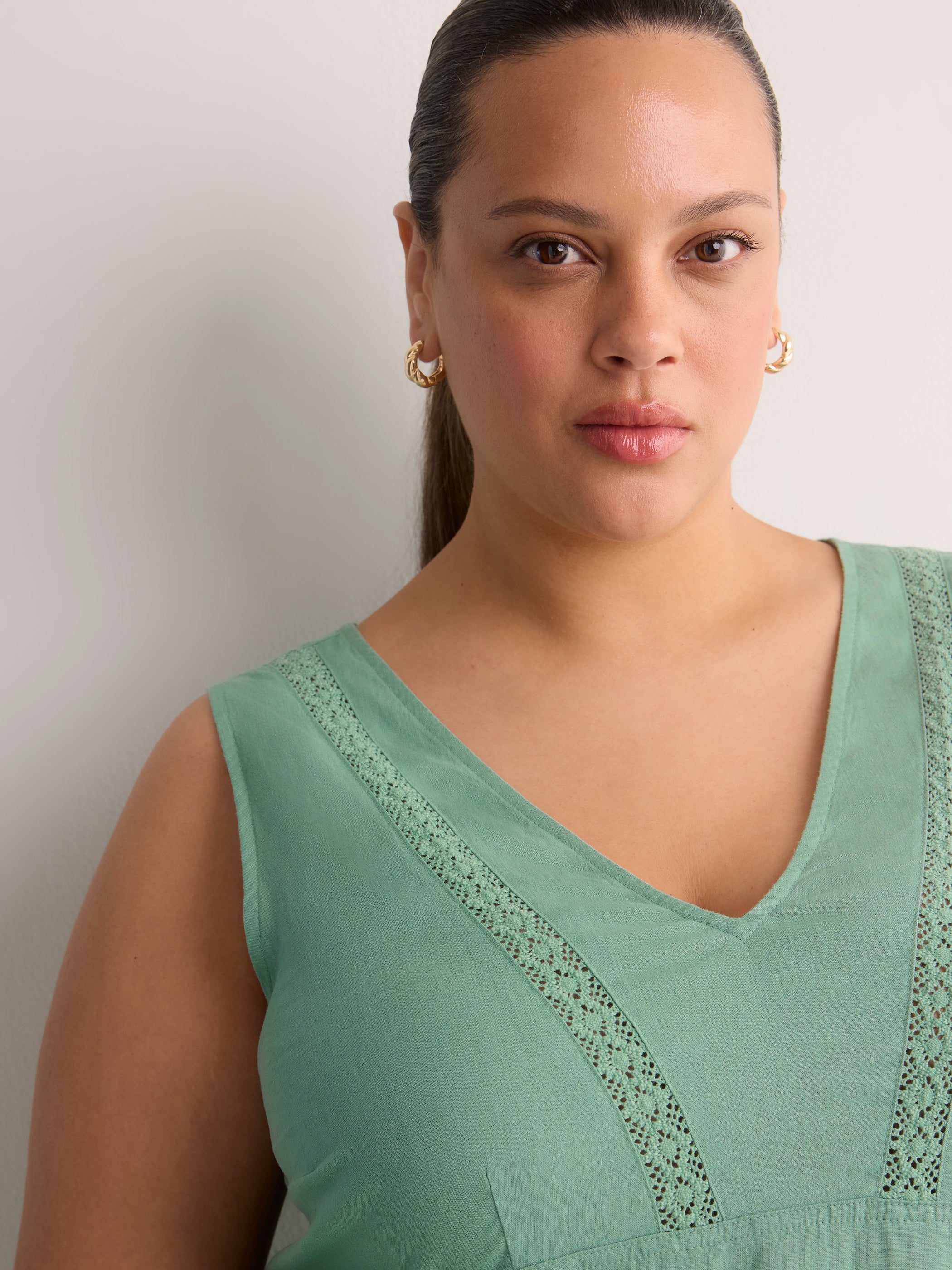 Linen Blend V-Neck Swing Dress with Crochet Tape
