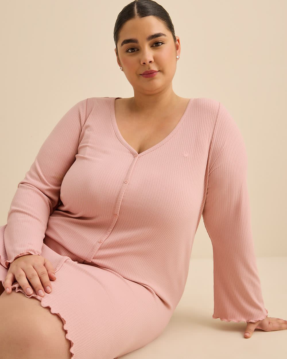 Chemise de nuit à manches longues en tricot côtelé