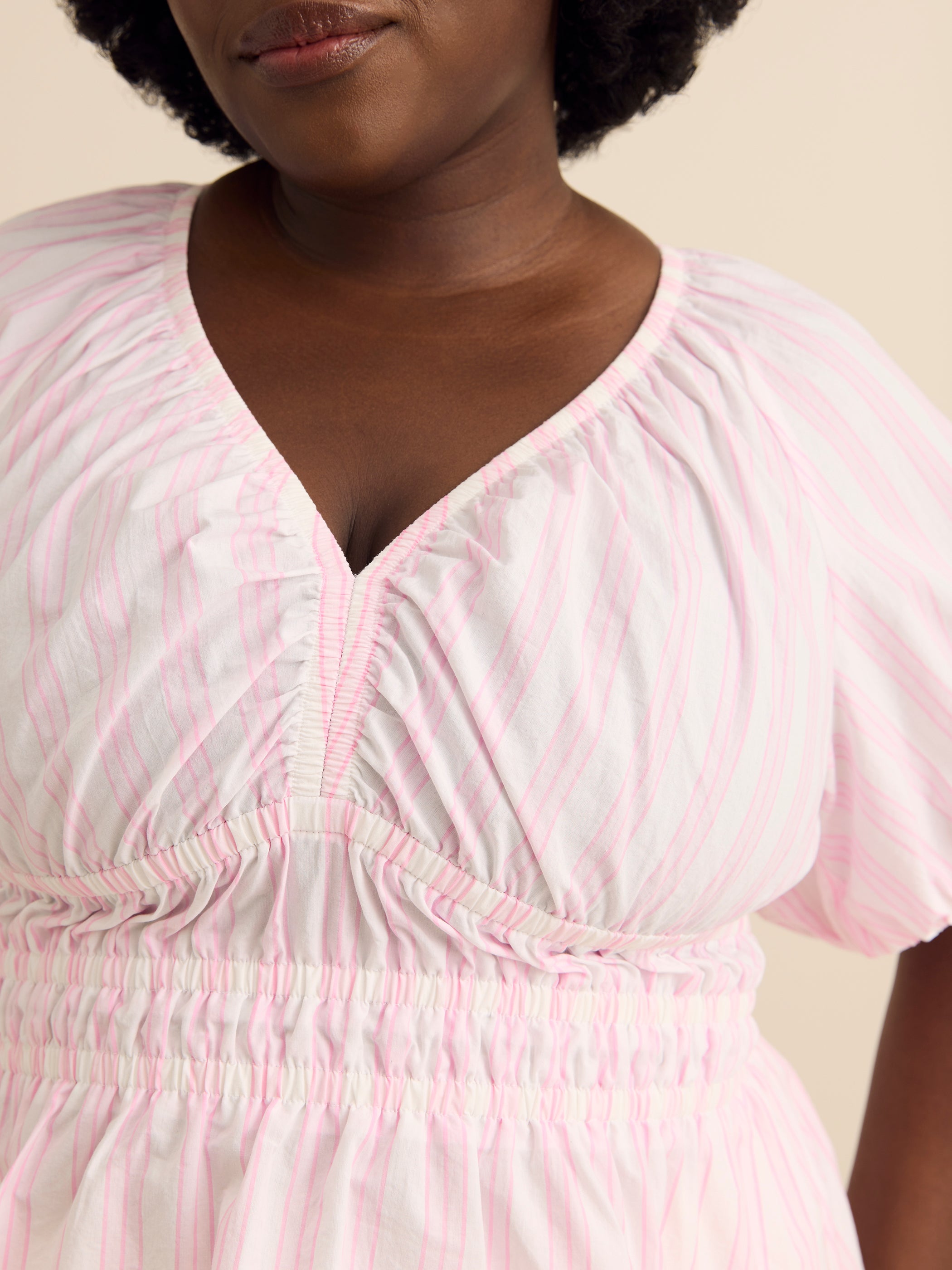 Pink Flared V-Neck Blouse with Short Bubble Sleeves