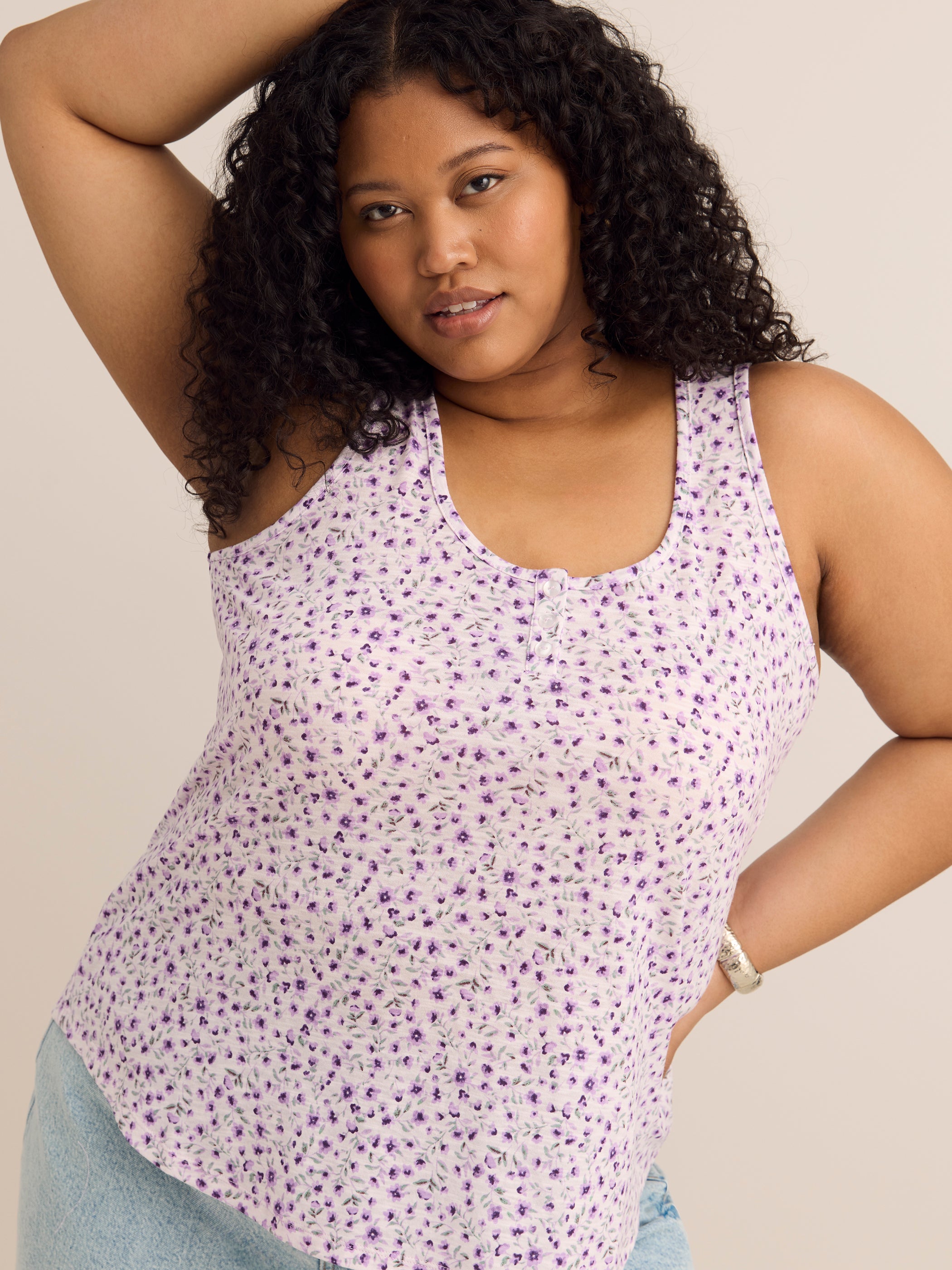 Straight Floral-Print Henley Tank Top
