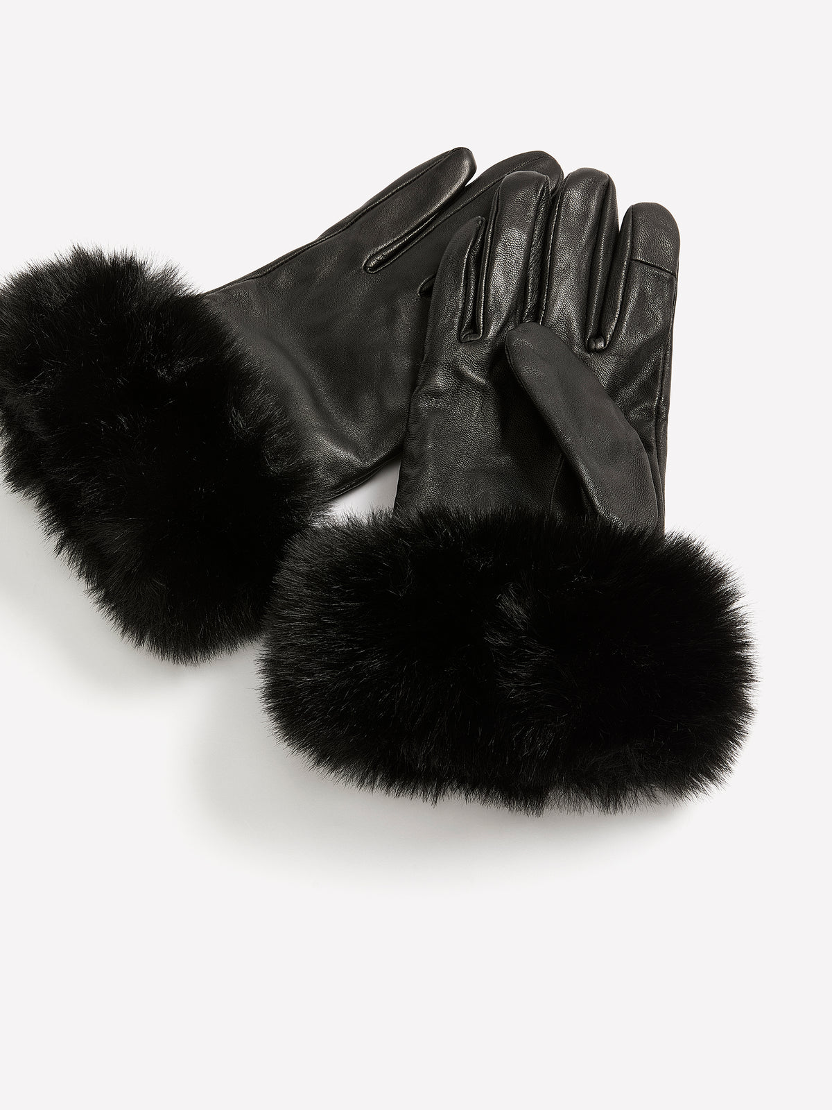 Black Leather Gloves with Faux-Fur Trim Cuffs