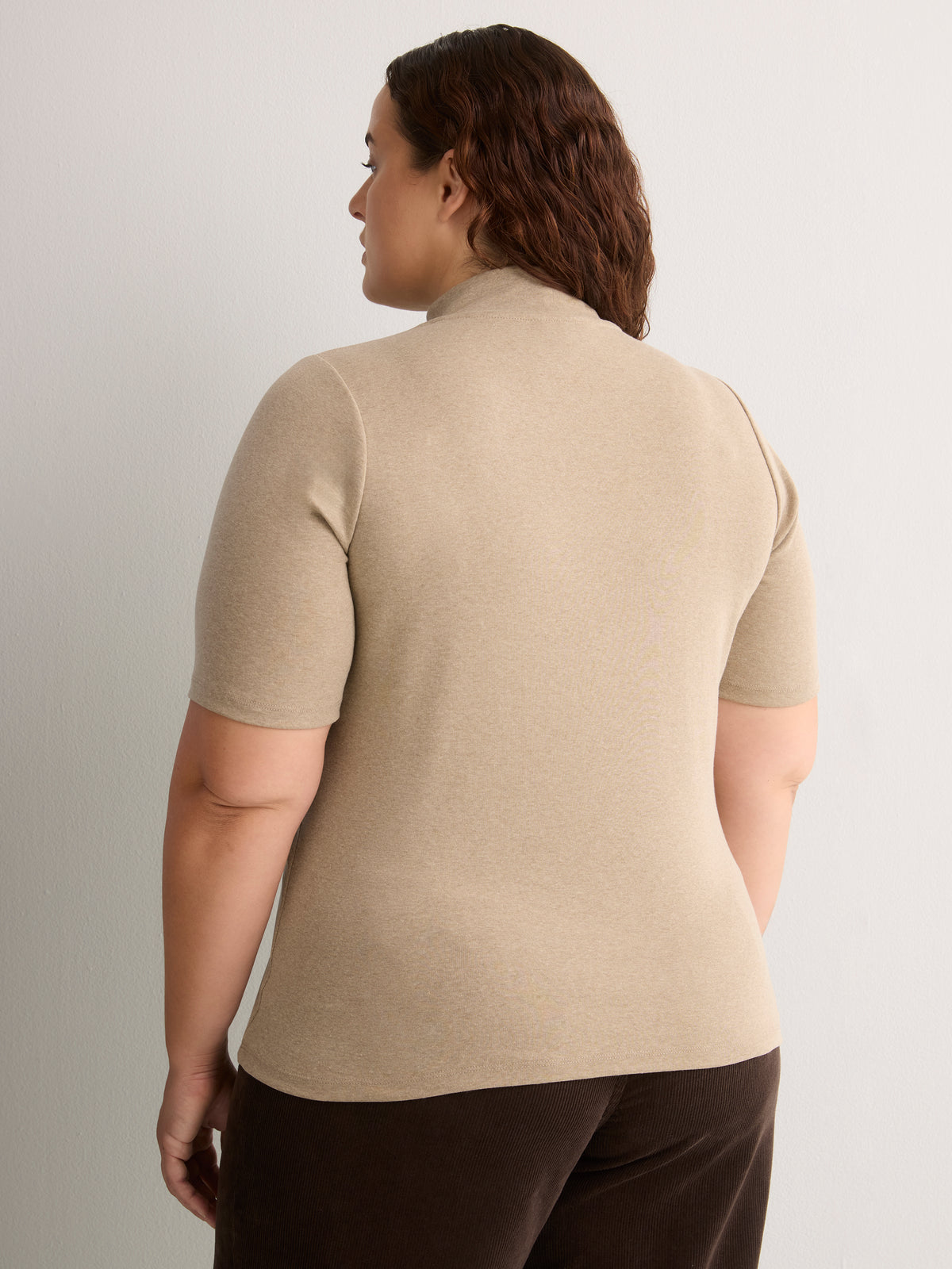 Fitted Mock-Neck Elbow-Sleeve Rib Knit Top