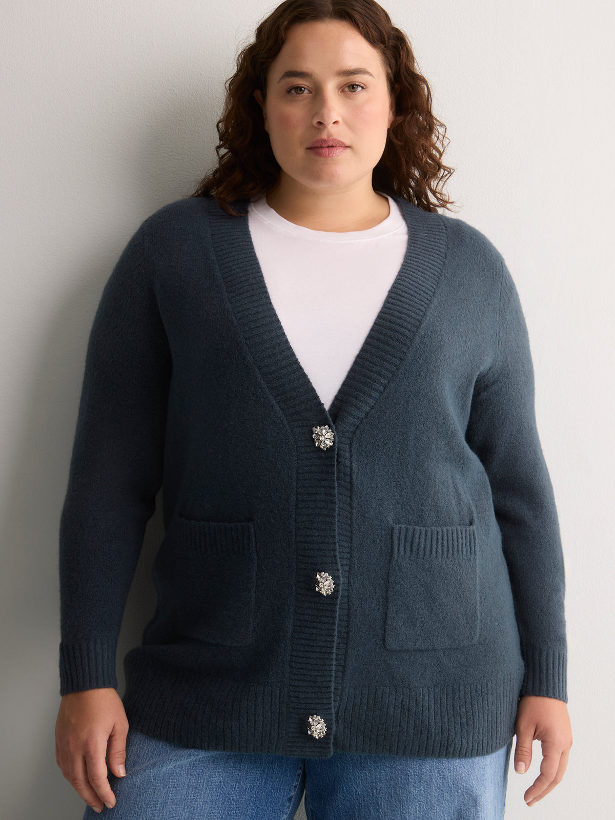 Indigo Straight Tunic Cardigan with Embellished Buttons