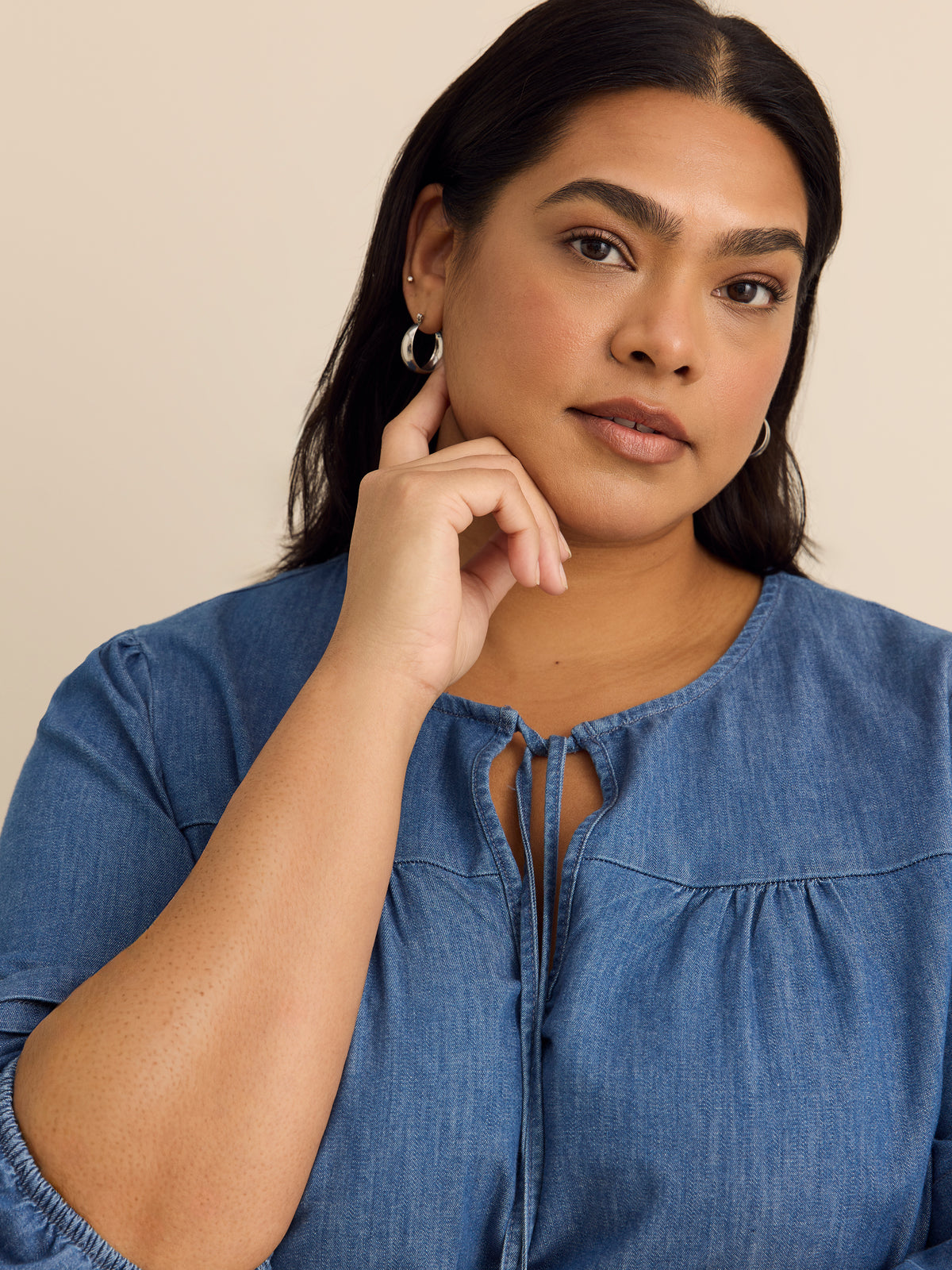Denim Blouse with Balloon Sleeves