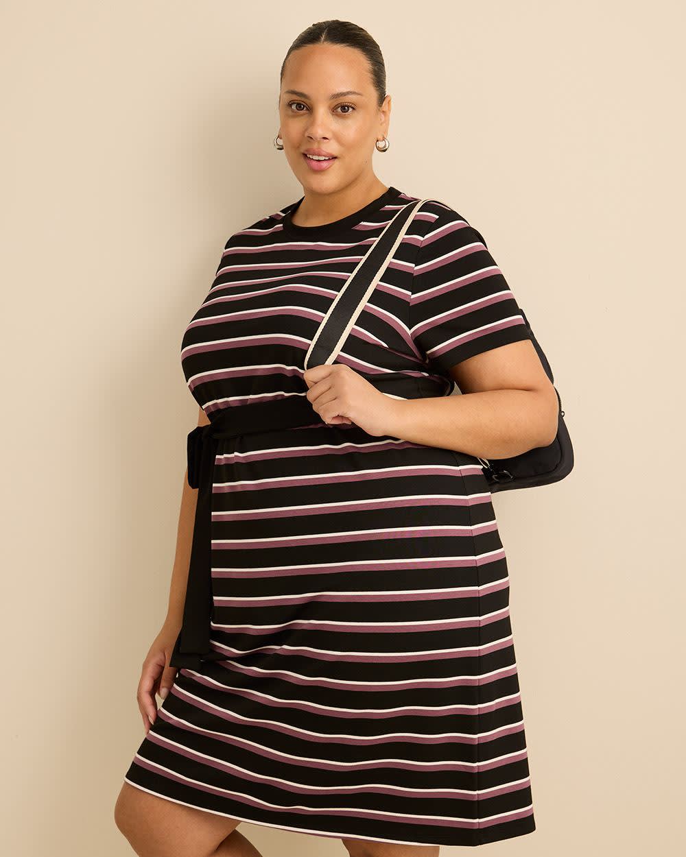 Black Striped Knit Dress with Removable Belt
