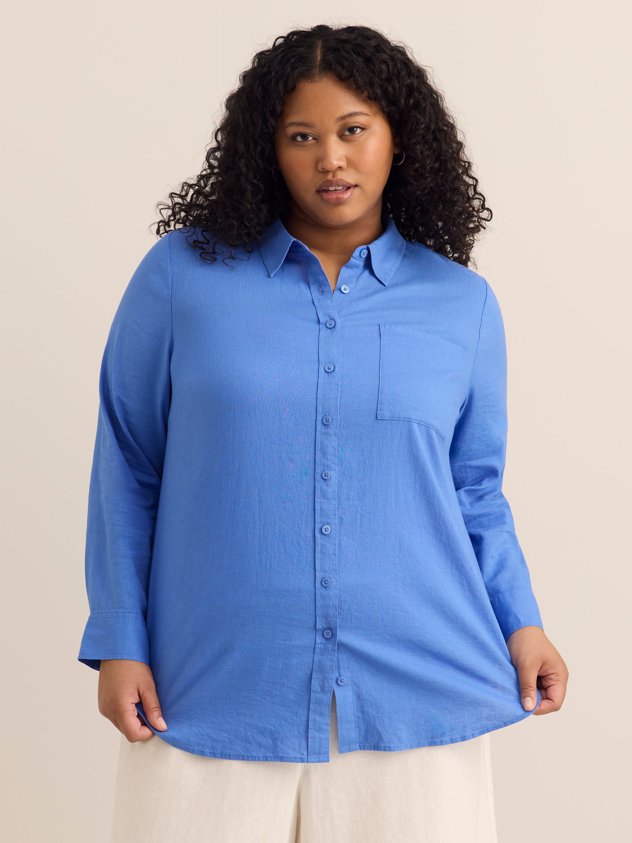 Linen-Blend Buttoned Down Tunic Shirt