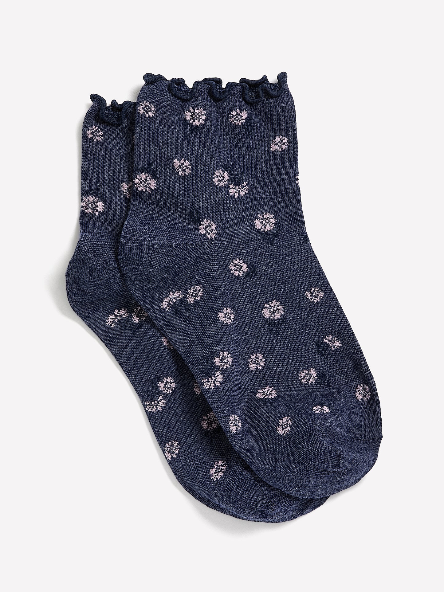 Blue Daisy-Print Ankle Socks with Lettuce Edge