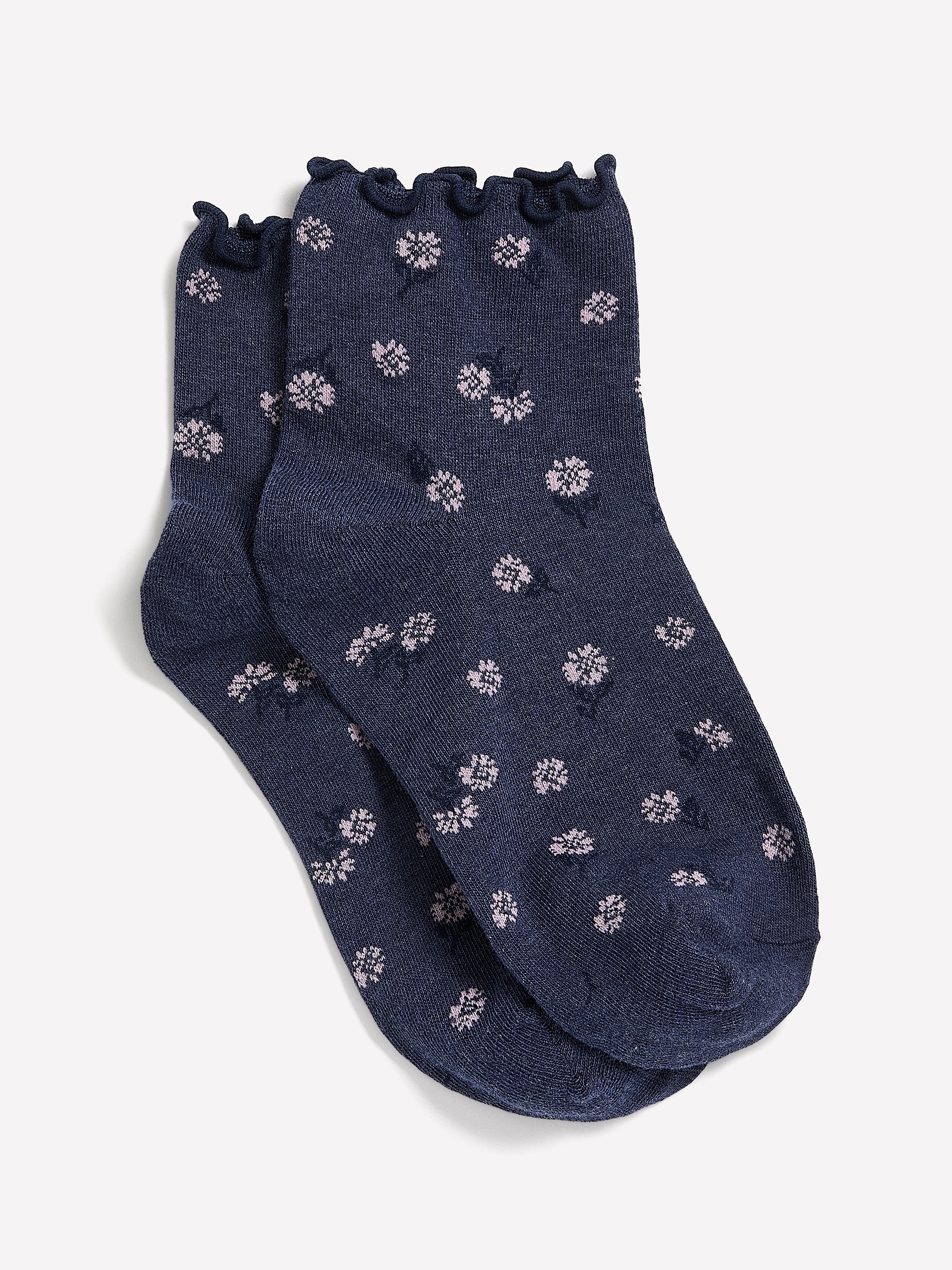 Blue Daisy-Print Ankle Socks with Lettuce Edge