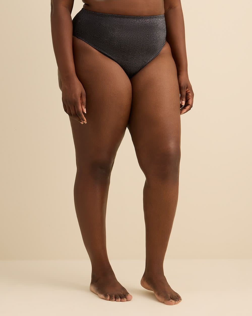 Culotte de bikini noire scintillante taille haute, coupe cheeky