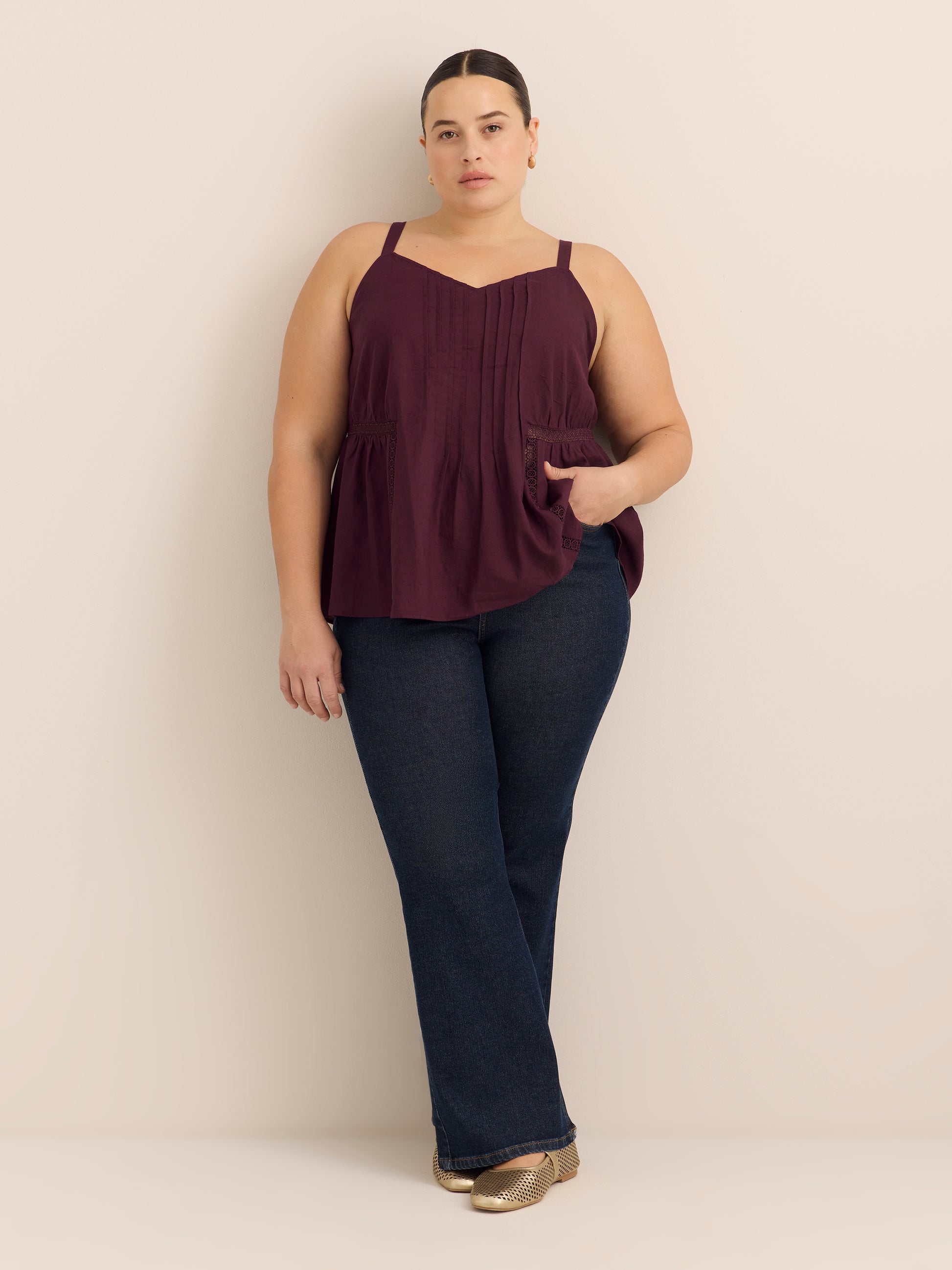 Linen Blend Swing Cami Blouse with Pintuck Detail