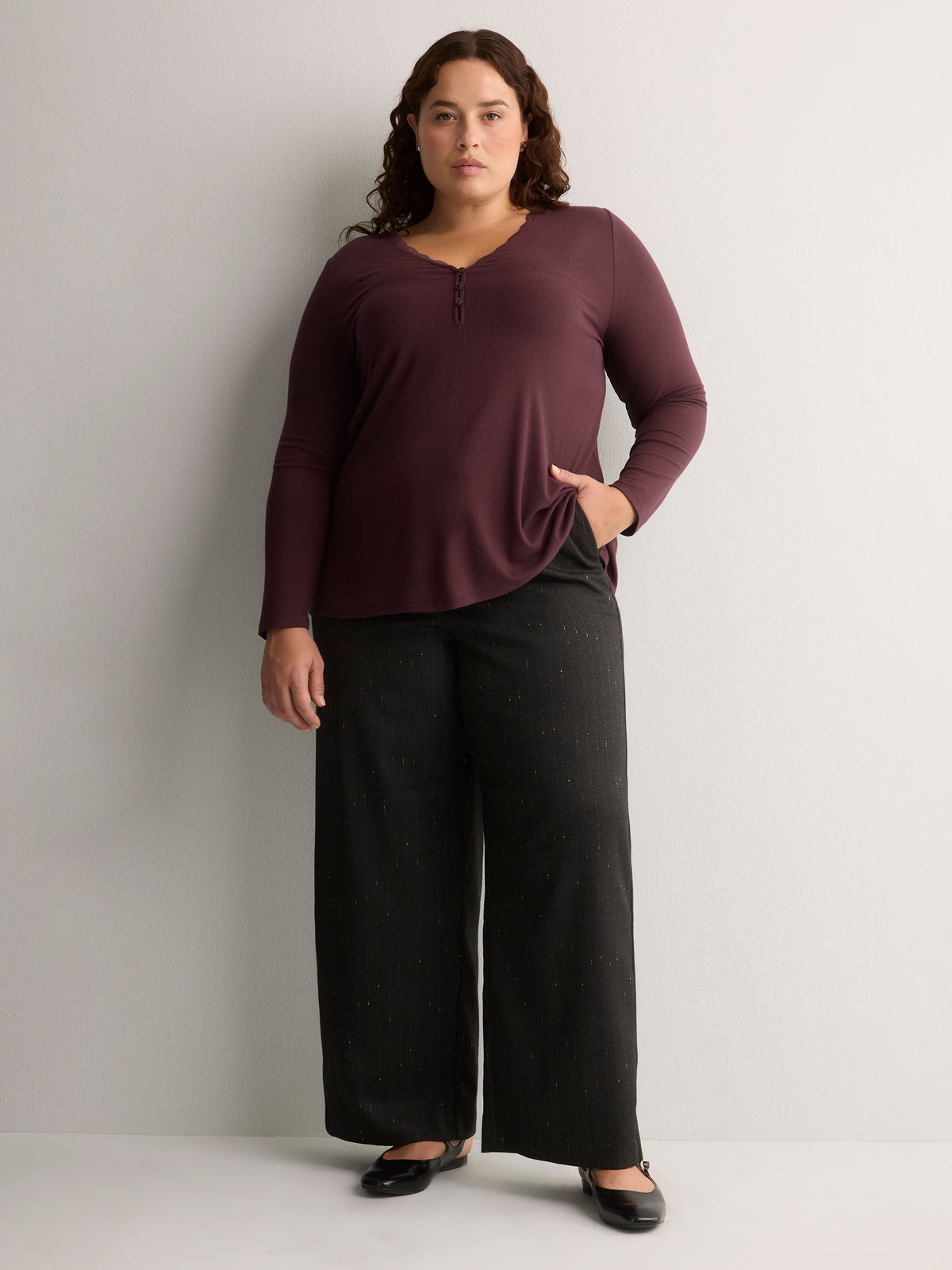 Grey Metallic Pinstripe Pull-On Wide-Leg Pant
