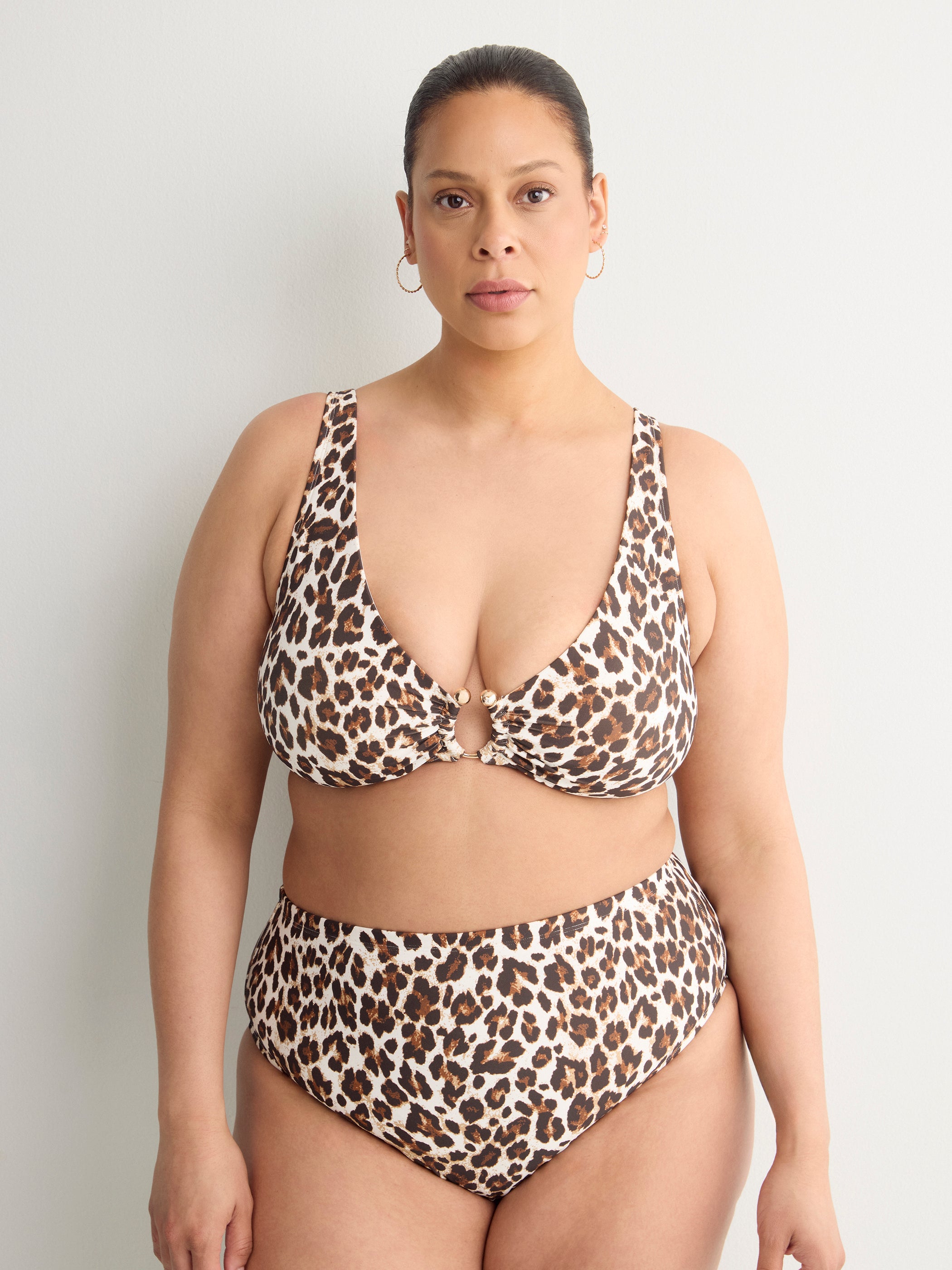 Leopard Plunge Bikini Top with Ring