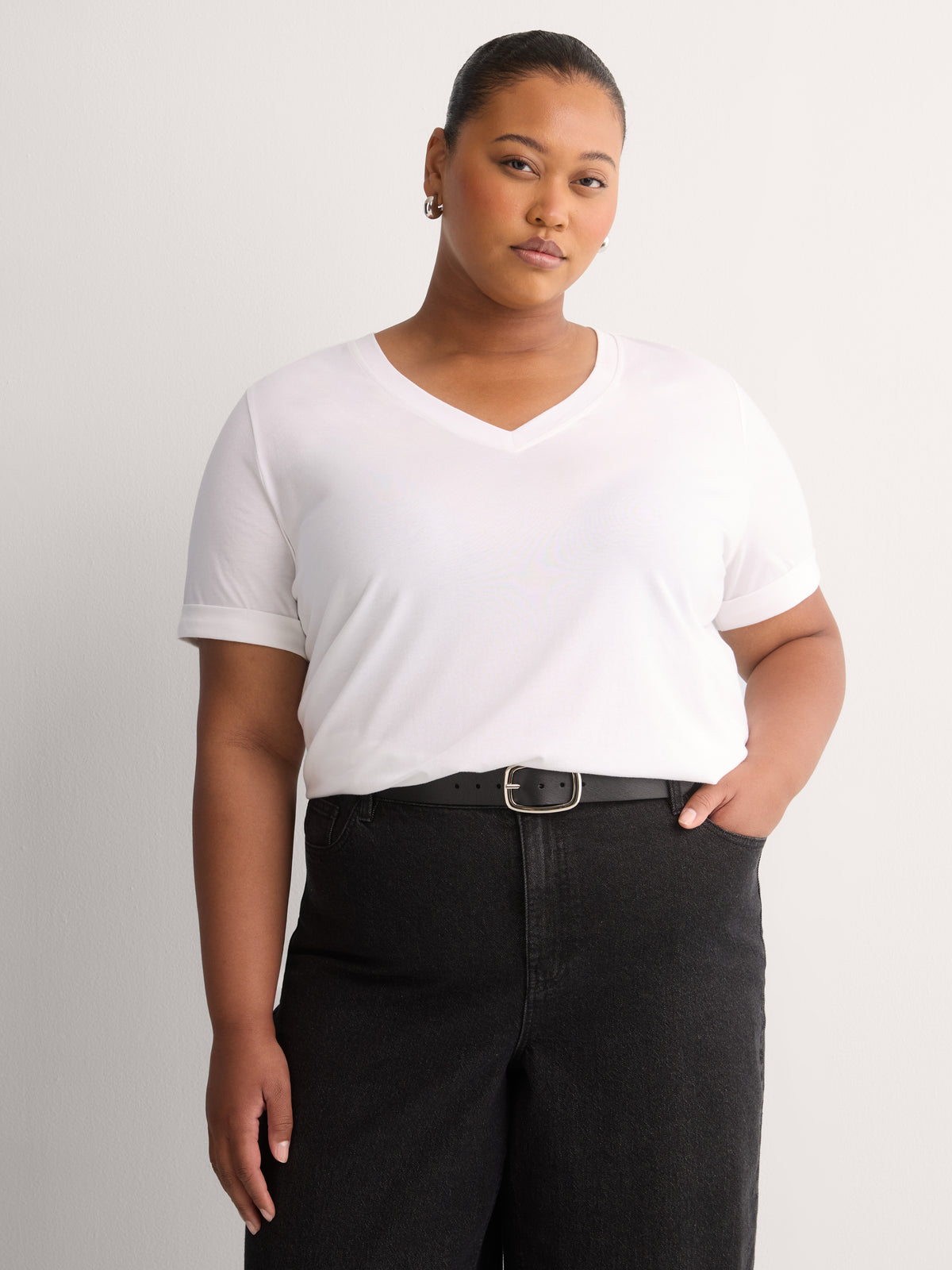 White Boyfriend-Fit V-Neck T-Shirt with Slits