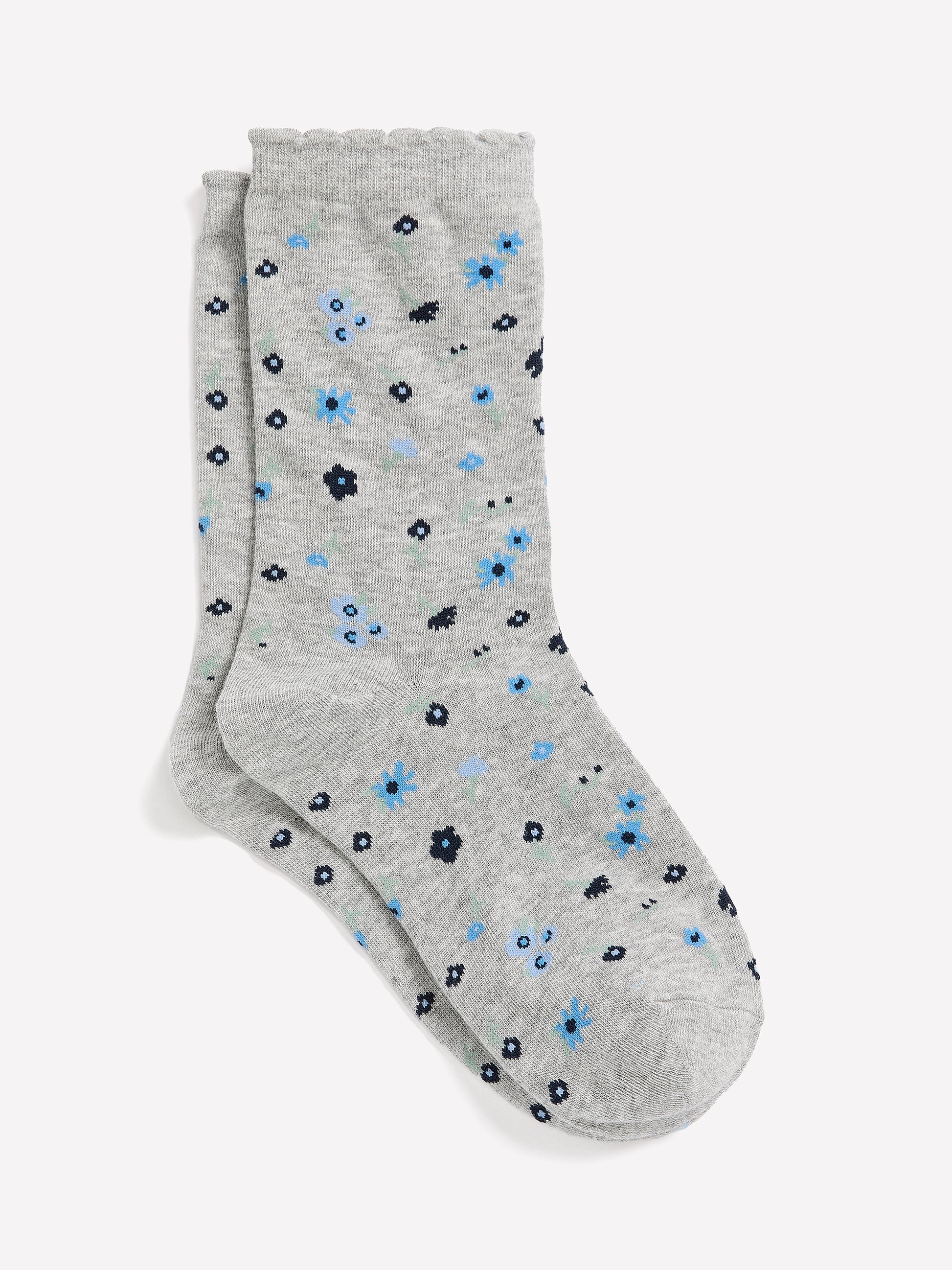 Light Grey Scalloped-Edge Crew Socks with Floral Print