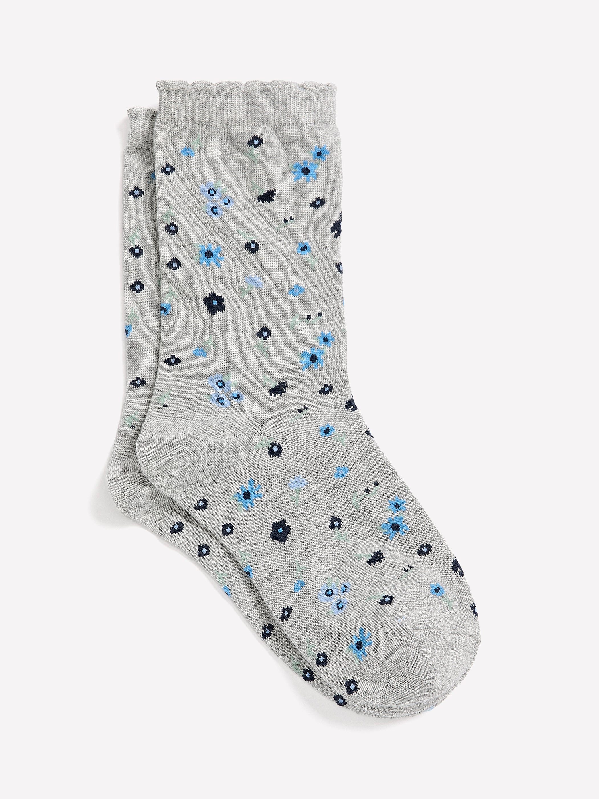 Light Grey Scalloped-Edge Crew Socks with Floral Print