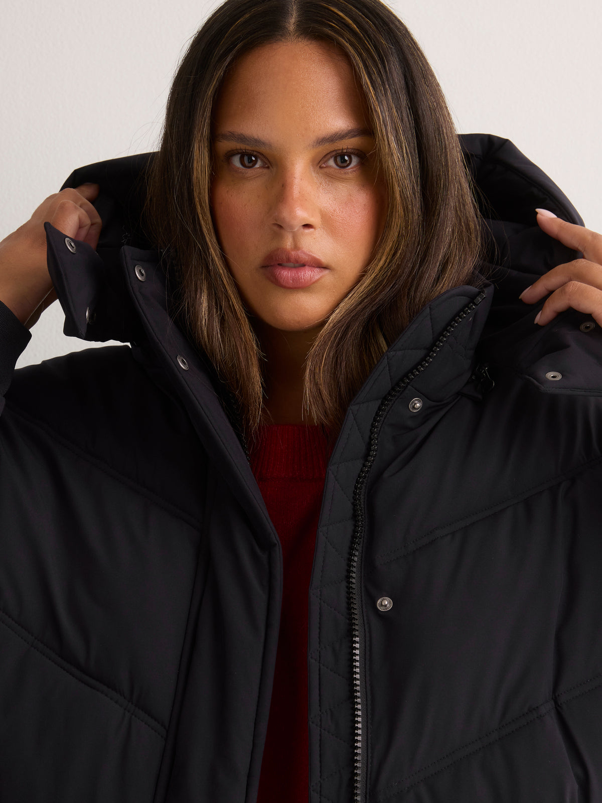 Black Hooded Knee-Length Stretch Puffer Jacket