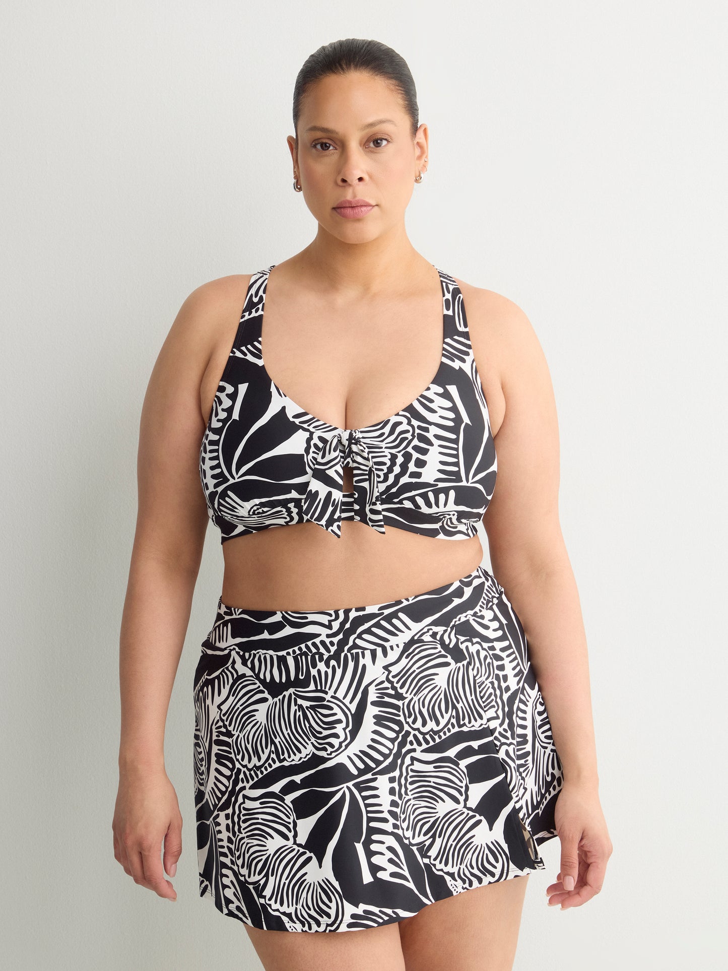 Black Foliage-Print Bikini Top With Front Knot